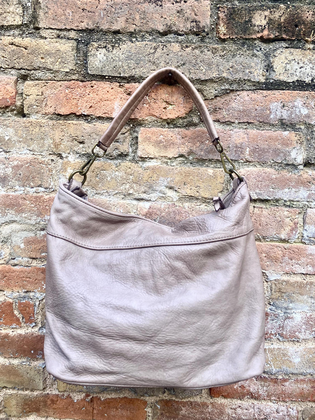 Taupe beige - gray genuine leather shoulder / crossbody bag. Greyge distressed leather shopper, "Washed leather" large bag in light brown