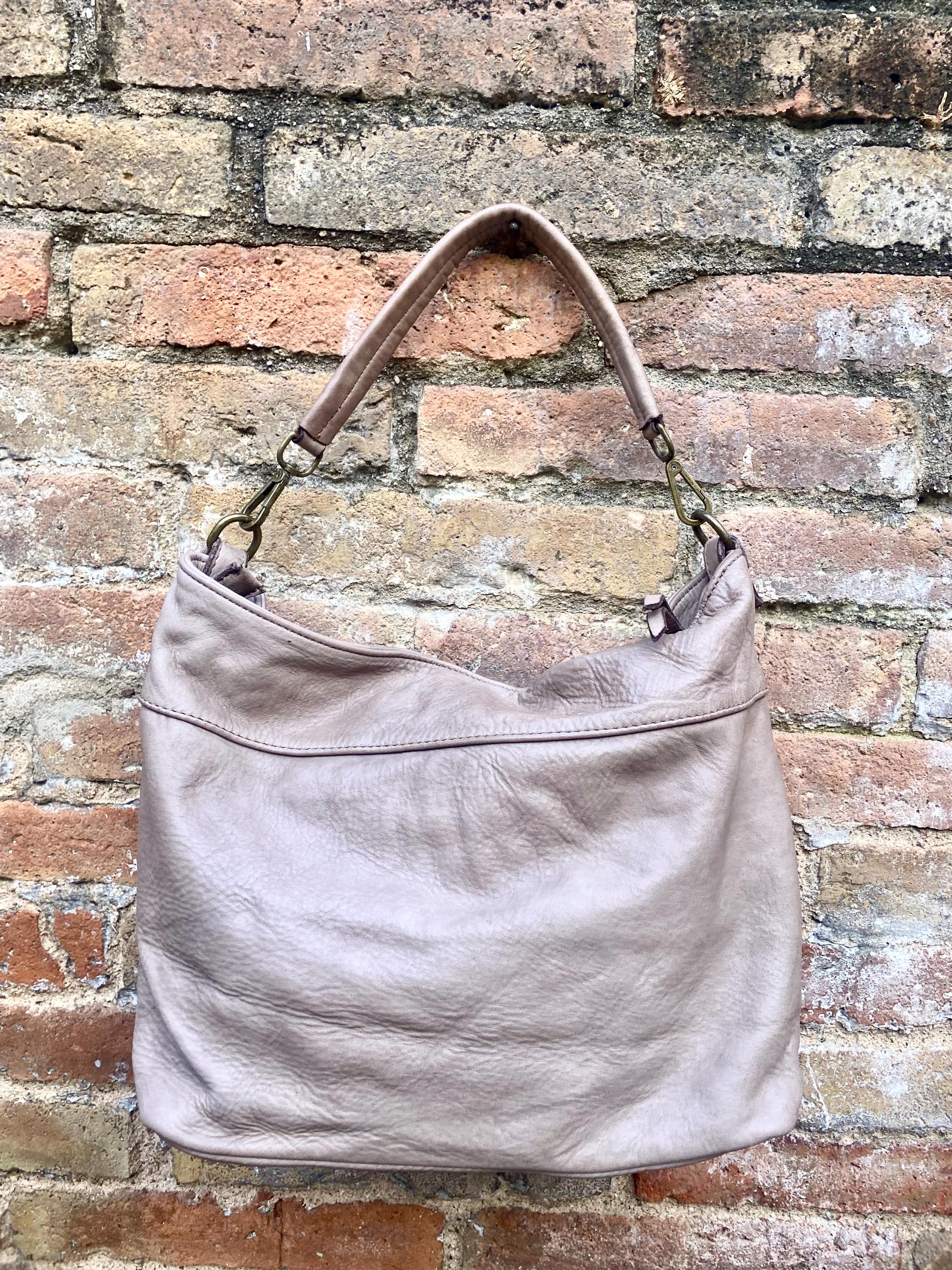 Taupe beige - gray genuine leather shoulder / crossbody bag. Greyge distressed leather shopper, "Washed leather" large bag in light brown