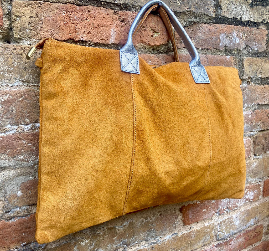 Tan leather tote. Large leather shopper bag in light saddle brown. Natural suede bag. Camel BROWN suede laptop bag. Handbag or shoulder bag