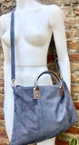 Blue - gray leather tote. Large leather shopper bag in denim blue. Natural suede bag. Grey -blue suede laptop bag. Handbag or shoulder bag