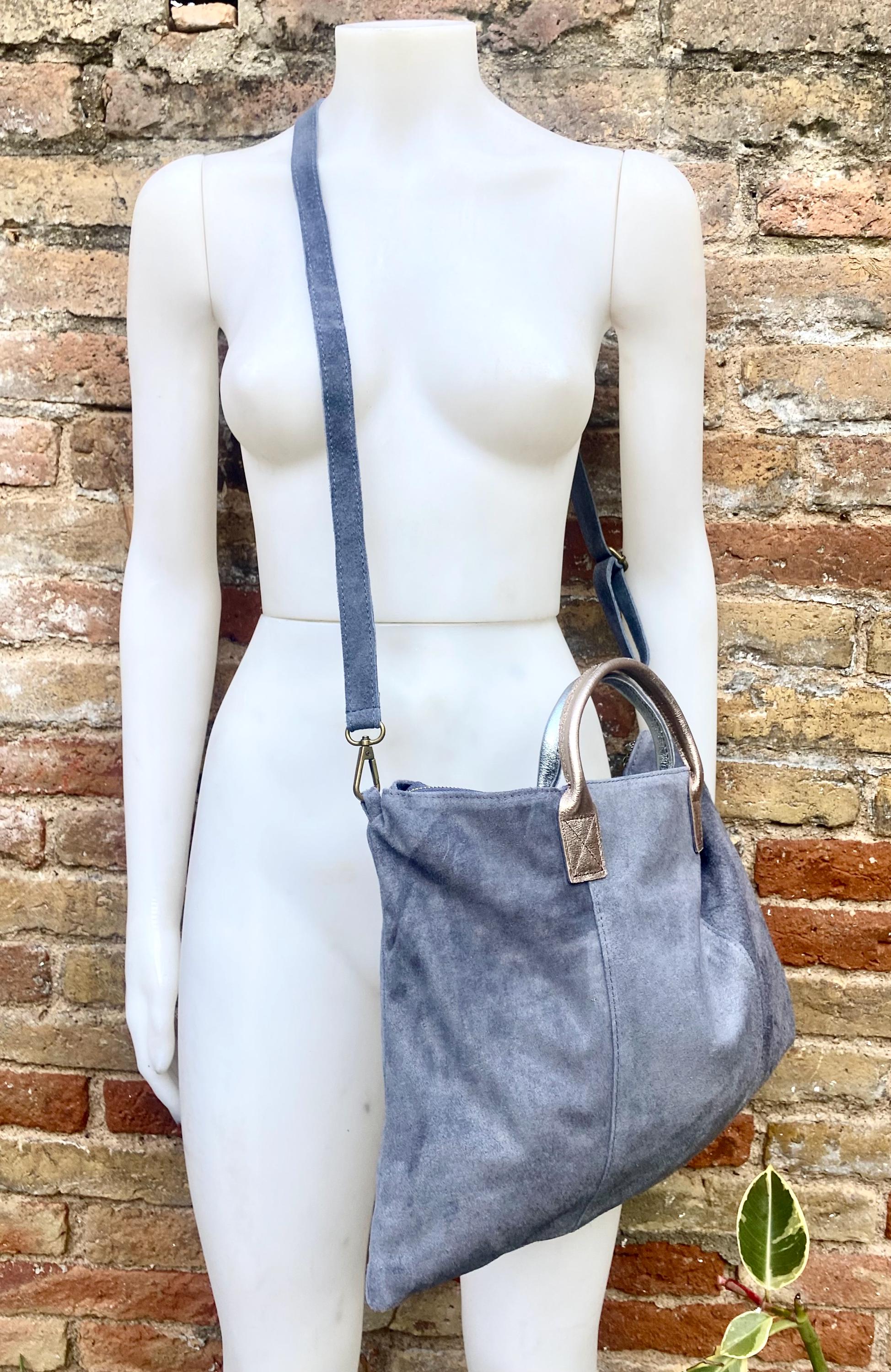 Blue - gray leather tote. Large leather shopper bag in denim blue. Natural suede bag. Grey -blue suede laptop bag. Handbag or shoulder bag
