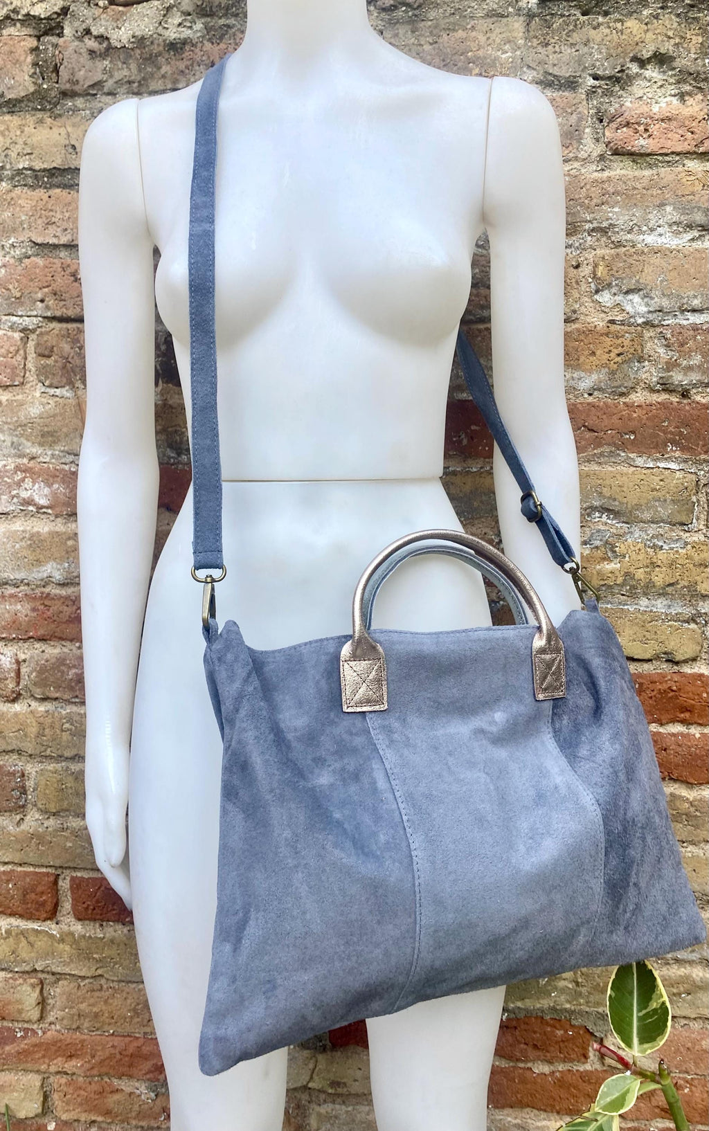 Blue - gray leather tote. Large leather shopper bag in denim blue. Natural suede bag. Grey -blue suede laptop bag. Handbag or shoulder bag