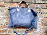 Blue - gray leather tote. Large leather shopper bag in denim blue. Natural suede bag. Grey -blue suede laptop bag. Handbag or shoulder bag