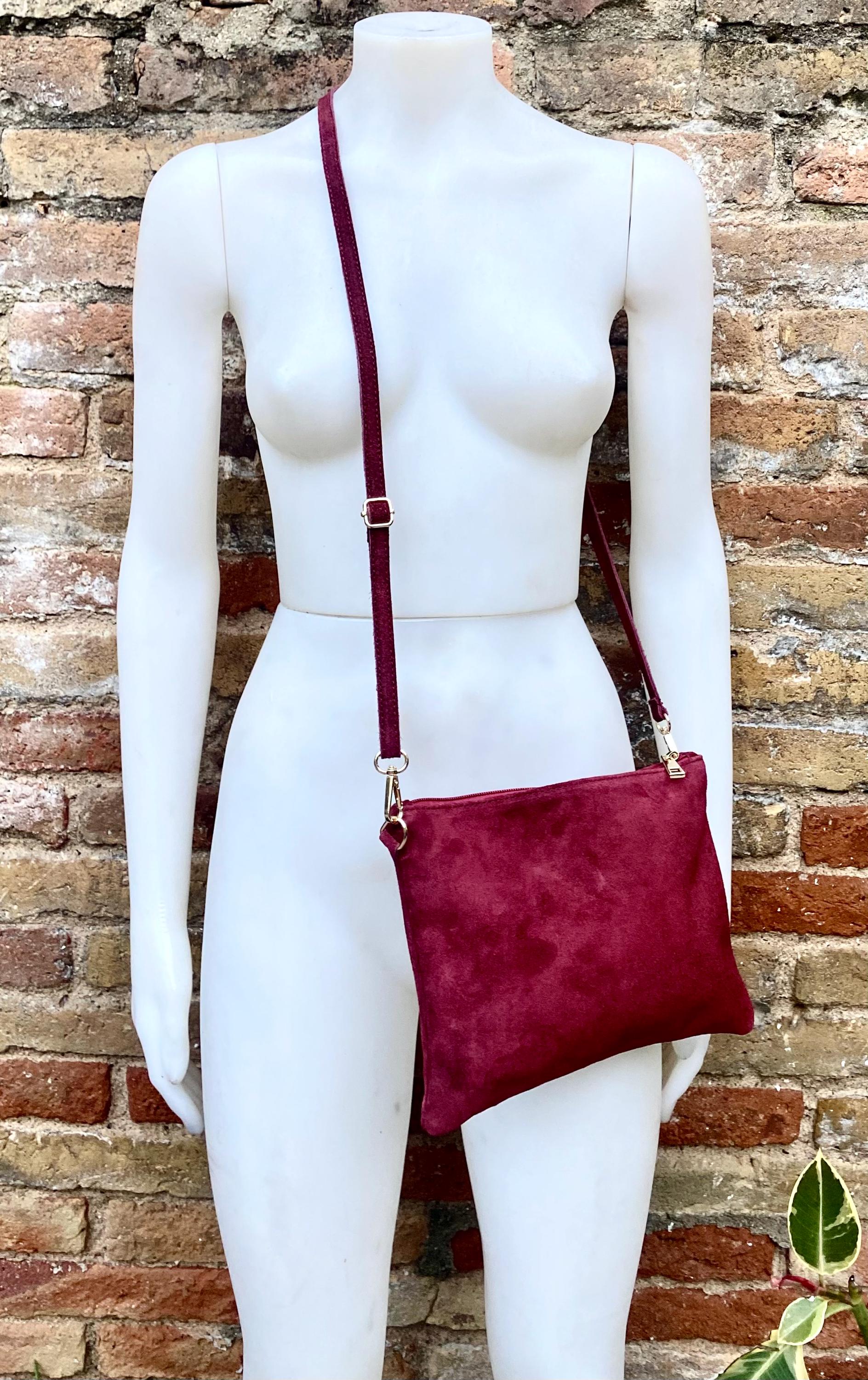 Burgundy small suede leather bag. Crossbody / shoulder bag / wristlet in GENUINE leather. Wine red bag. Flat dark red suede purse.