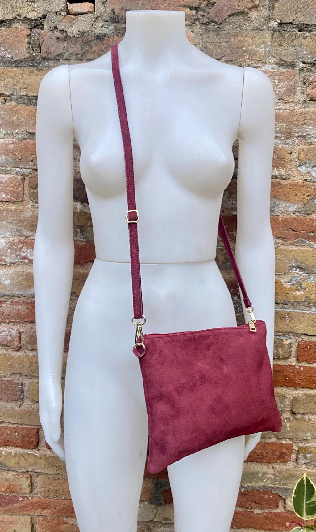 Burgundy small suede leather bag. Crossbody / shoulder bag / wristlet in GENUINE leather. Wine red bag. Flat dark red suede purse.