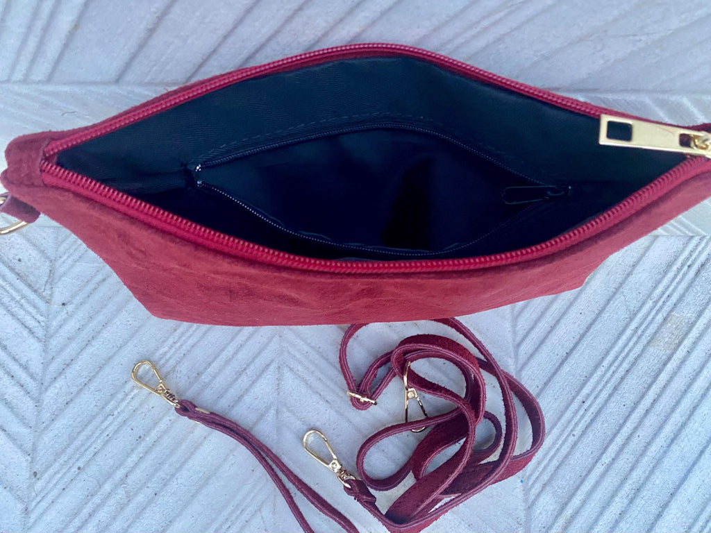 Burgundy small suede leather bag. Crossbody / shoulder bag / wristlet in GENUINE leather. Wine red bag. Flat dark red suede purse.