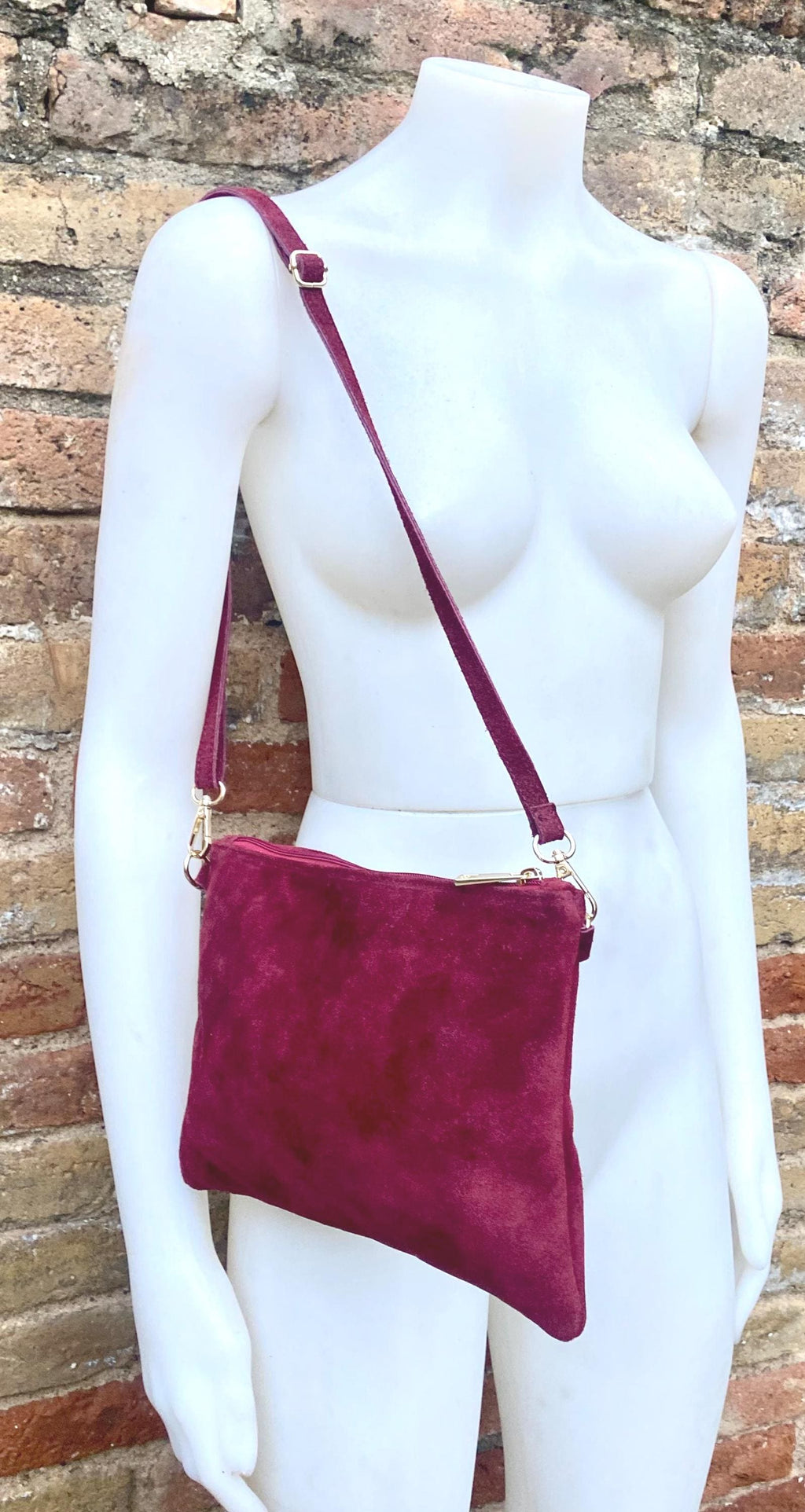 Burgundy small suede leather bag. Crossbody / shoulder bag / wristlet in GENUINE leather. Wine red bag. Flat dark red suede purse.