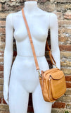 Genuine leather light camel brown bag. GENUINE leather shoulder / crossbody bag. Tan purse with zippers. Light caramel brown leather purse