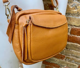 Genuine leather light camel brown bag. GENUINE leather shoulder / crossbody bag. Tan purse with zippers. Light caramel brown leather purse
