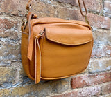 Genuine leather light camel brown bag. GENUINE leather shoulder / crossbody bag. Tan purse with zippers. Light caramel brown leather purse