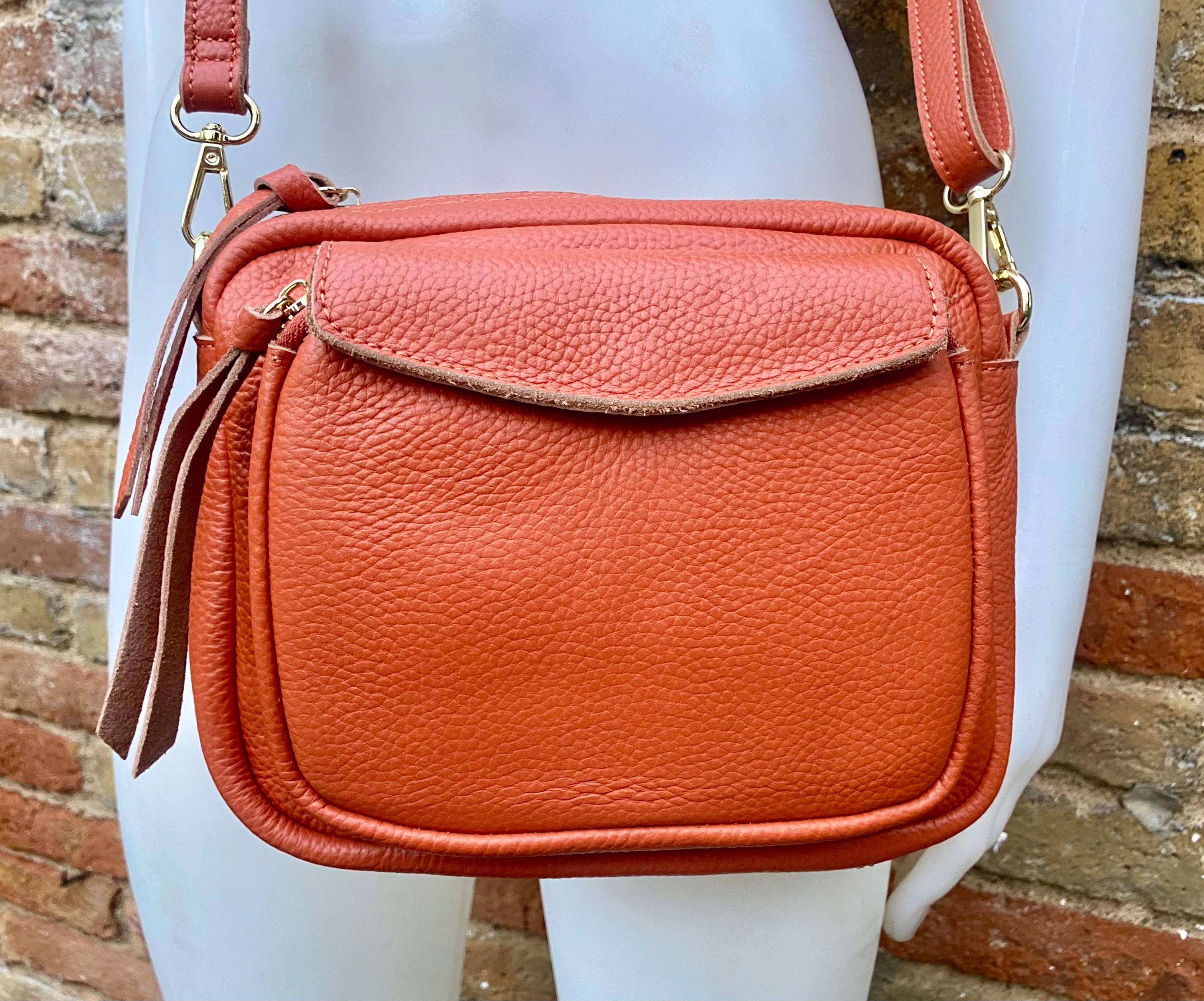 Genuine leather burnt orange bag. GENUINE leather shoulder / crossbody bag. Orange purse with zippers. Orange leather purse