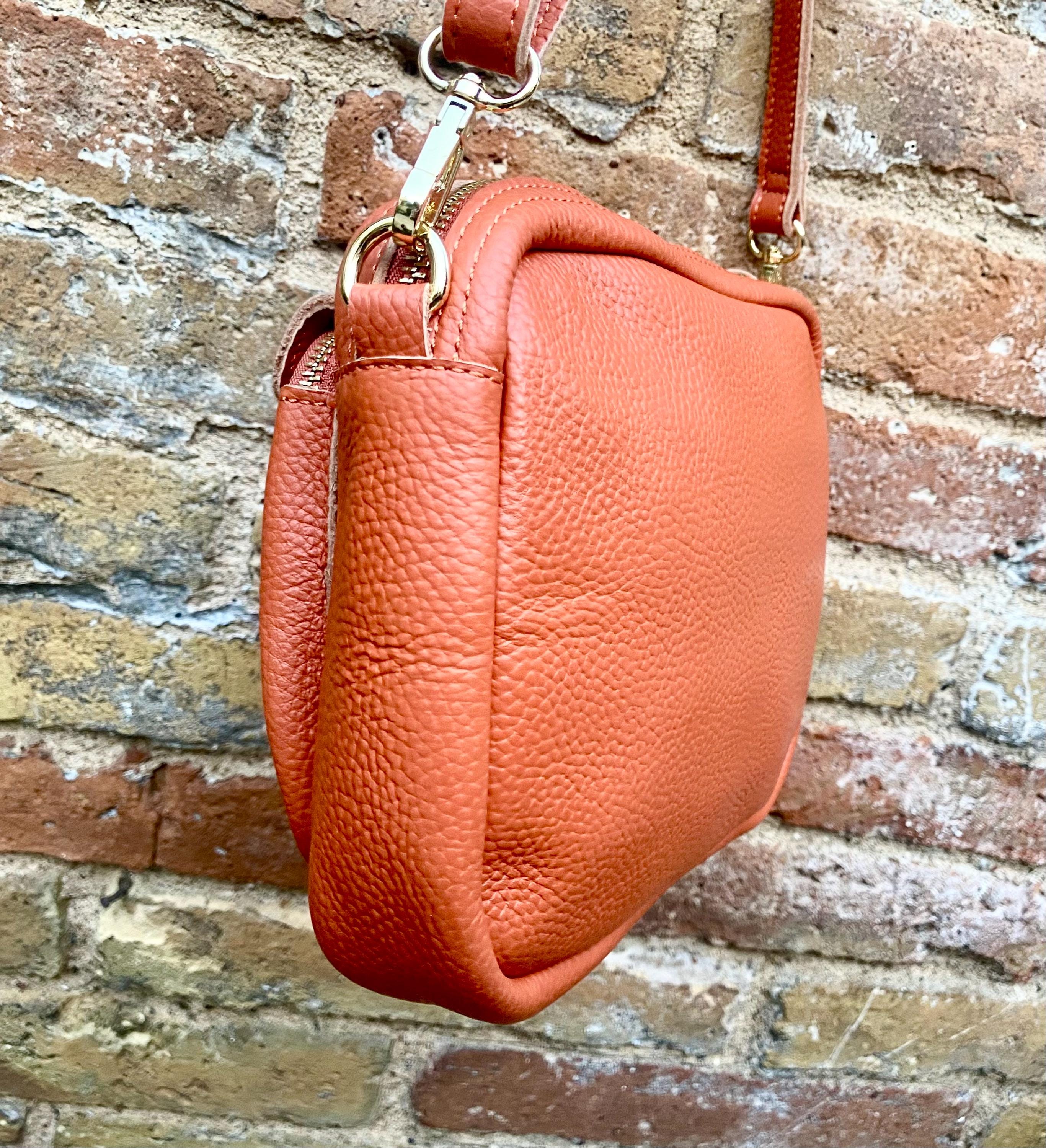 Genuine leather burnt orange bag. GENUINE leather shoulder / crossbody bag. Orange purse with zippers. Orange leather purse