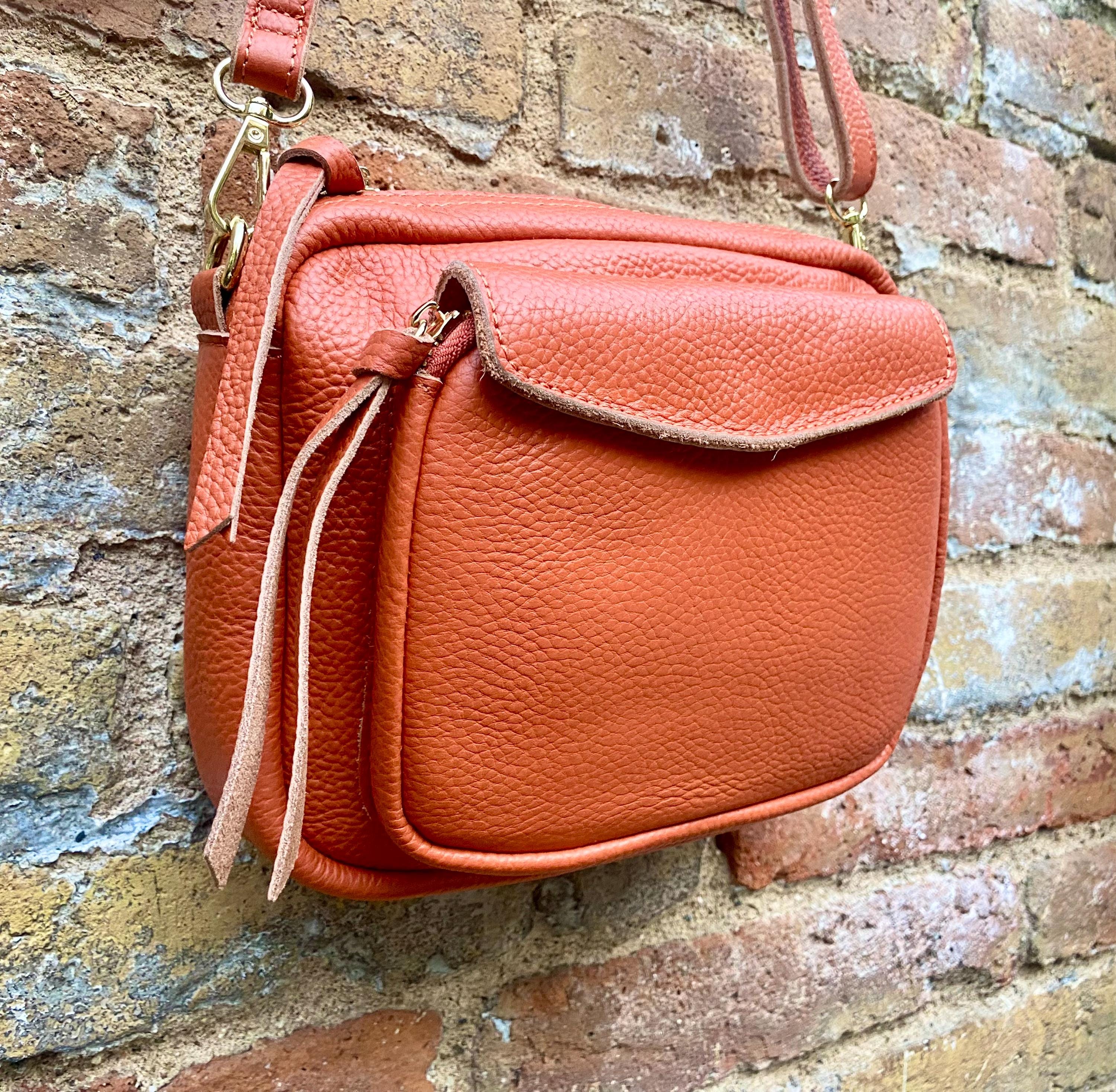 Genuine leather burnt orange bag. GENUINE leather shoulder / crossbody bag. Orange purse with zippers. Orange leather purse