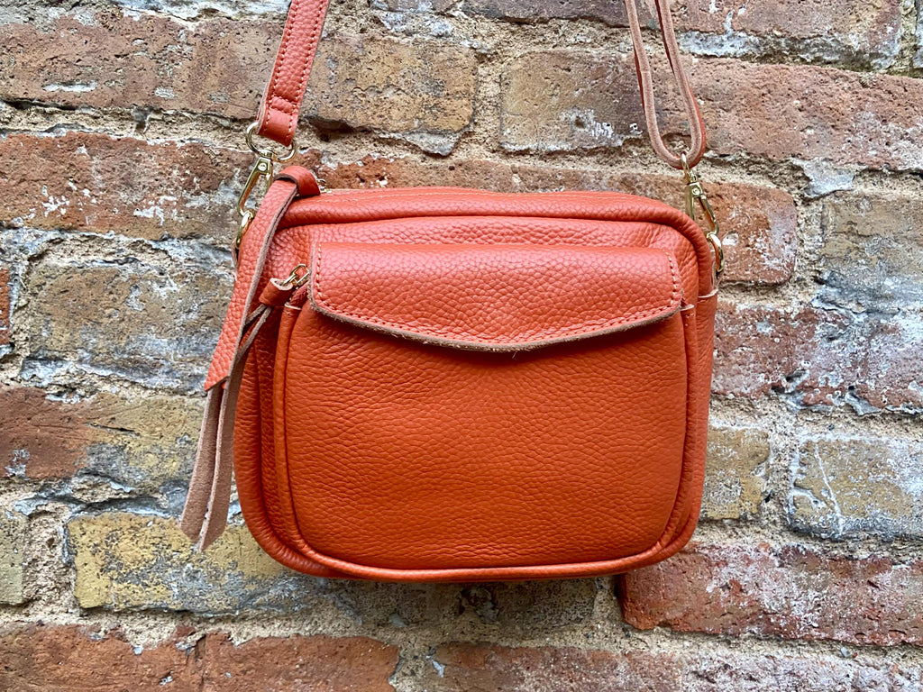 Genuine leather burnt orange bag. GENUINE leather shoulder / crossbody bag. Orange purse with zippers. Orange leather purse