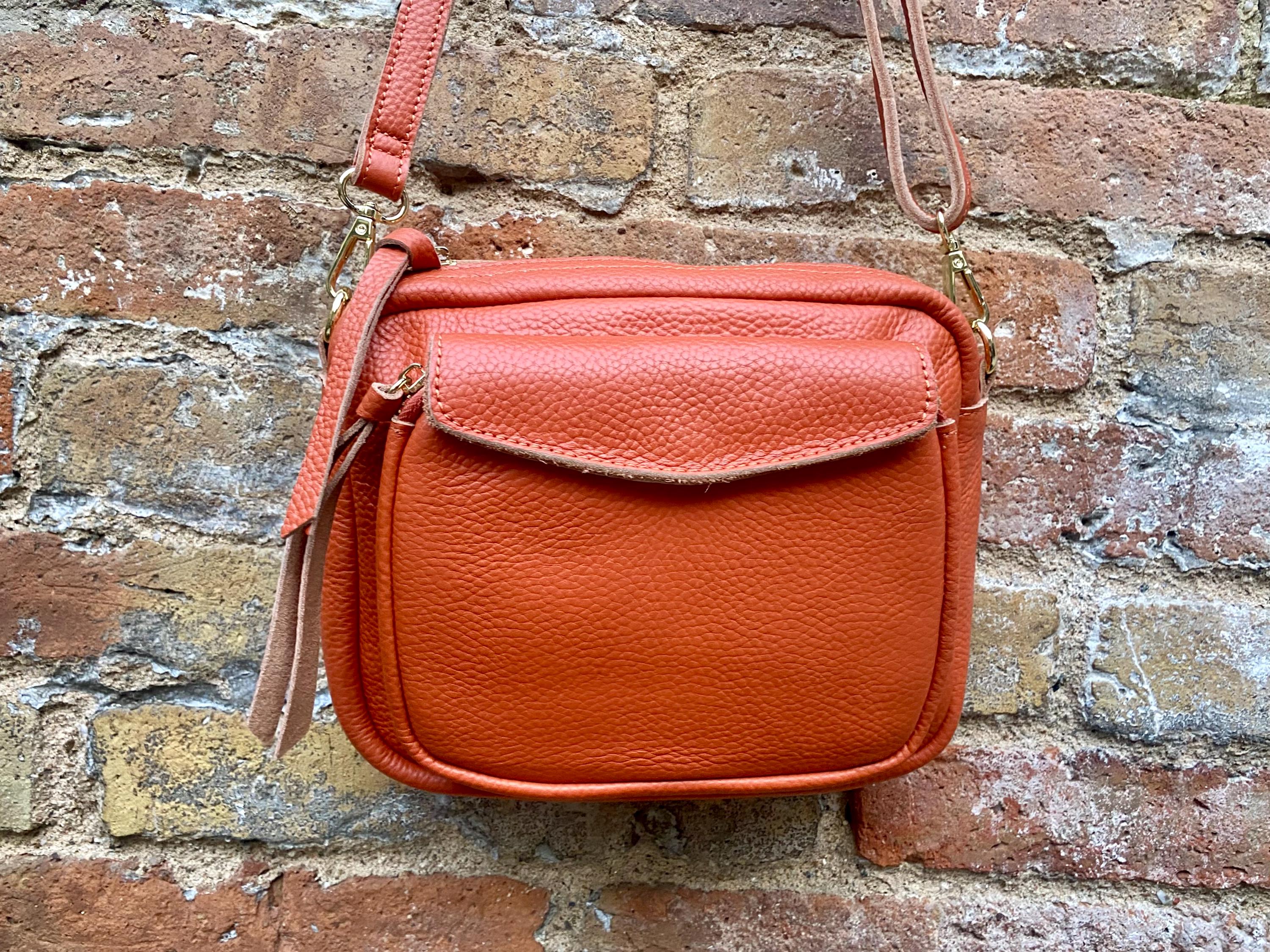 Genuine leather burnt orange bag. GENUINE leather shoulder / crossbody bag. Orange purse with zippers. Orange leather purse