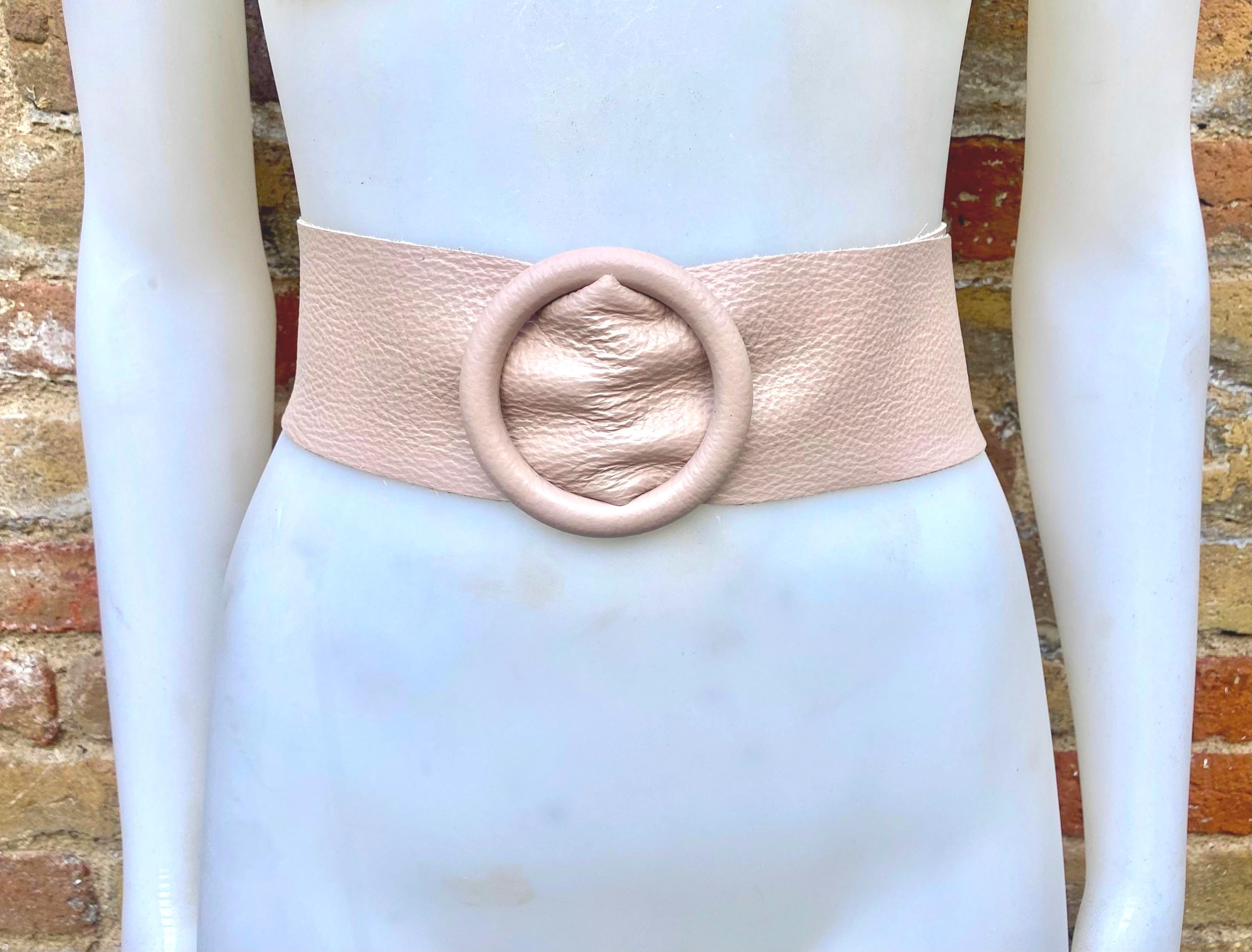 Pink leather waist belt with large round buckle.Soft leather belt in light dusty pink. Genuine leather pink dress belt. Pink wide waist belt