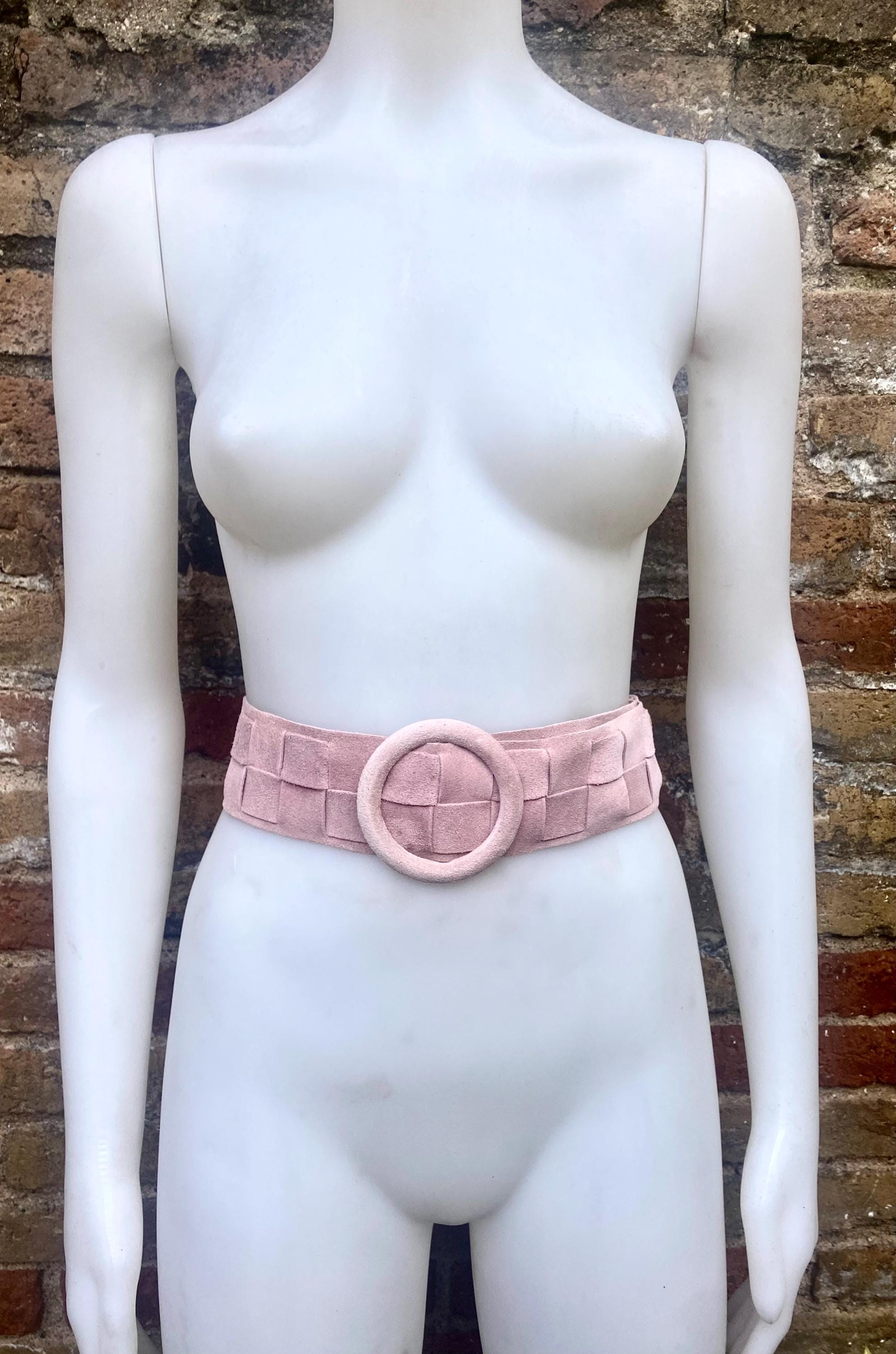 Light pink suede waist belt with large round buckle. Boho braided suede belt in a soft pink shade. Genuine natural pink suede leather