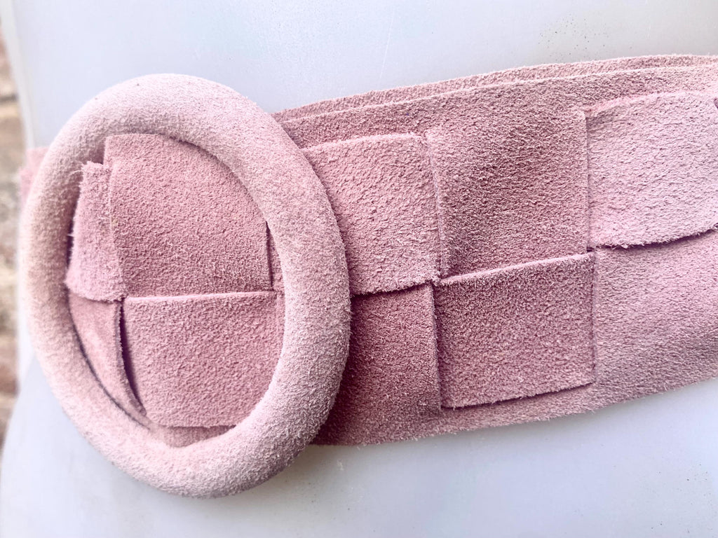Light pink suede waist belt with large round buckle. Boho braided suede belt in a soft pink shade. Genuine natural pink suede leather