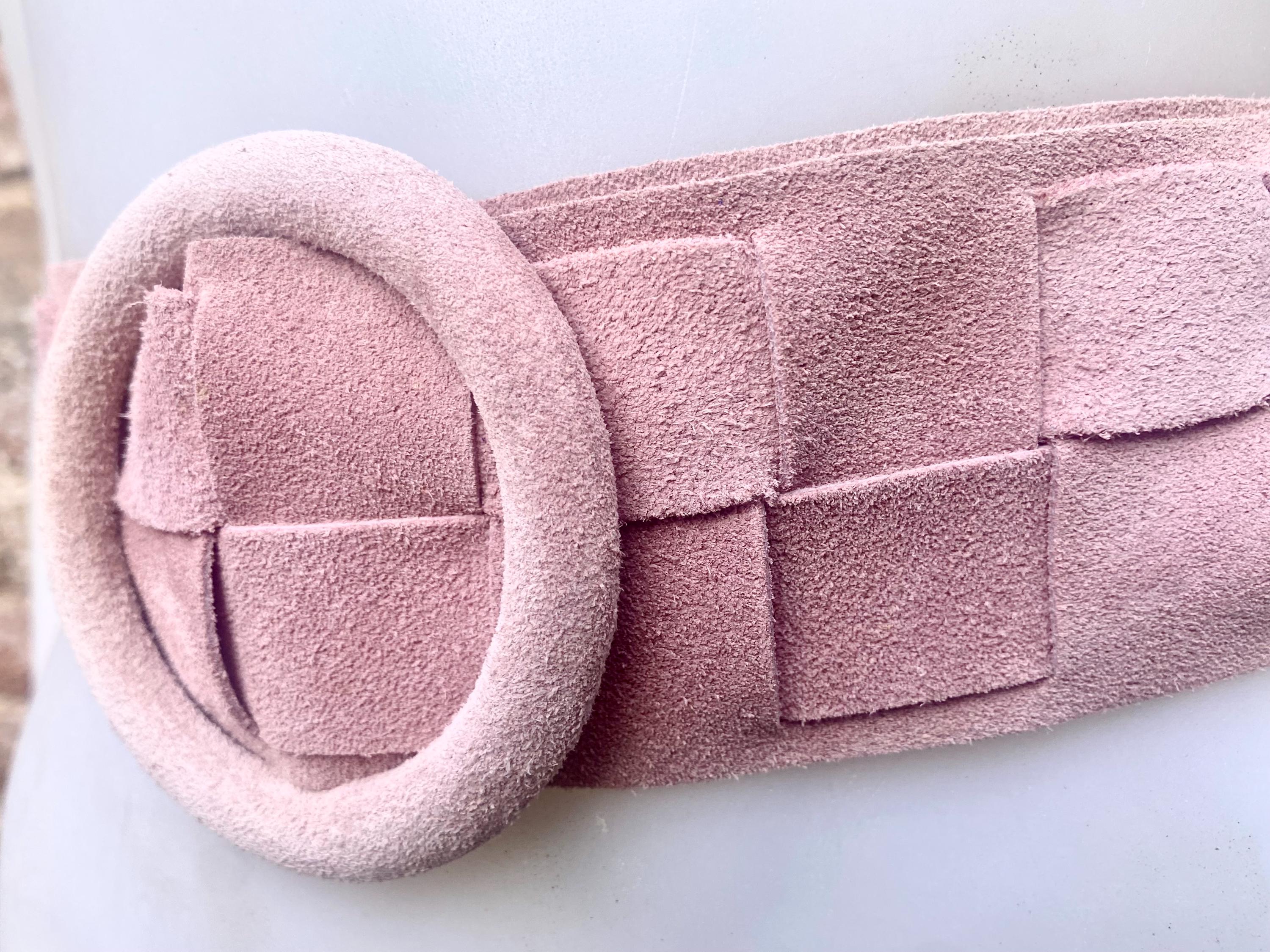Light pink suede waist belt with large round buckle. Boho braided suede belt in a soft pink shade. Genuine natural pink suede leather