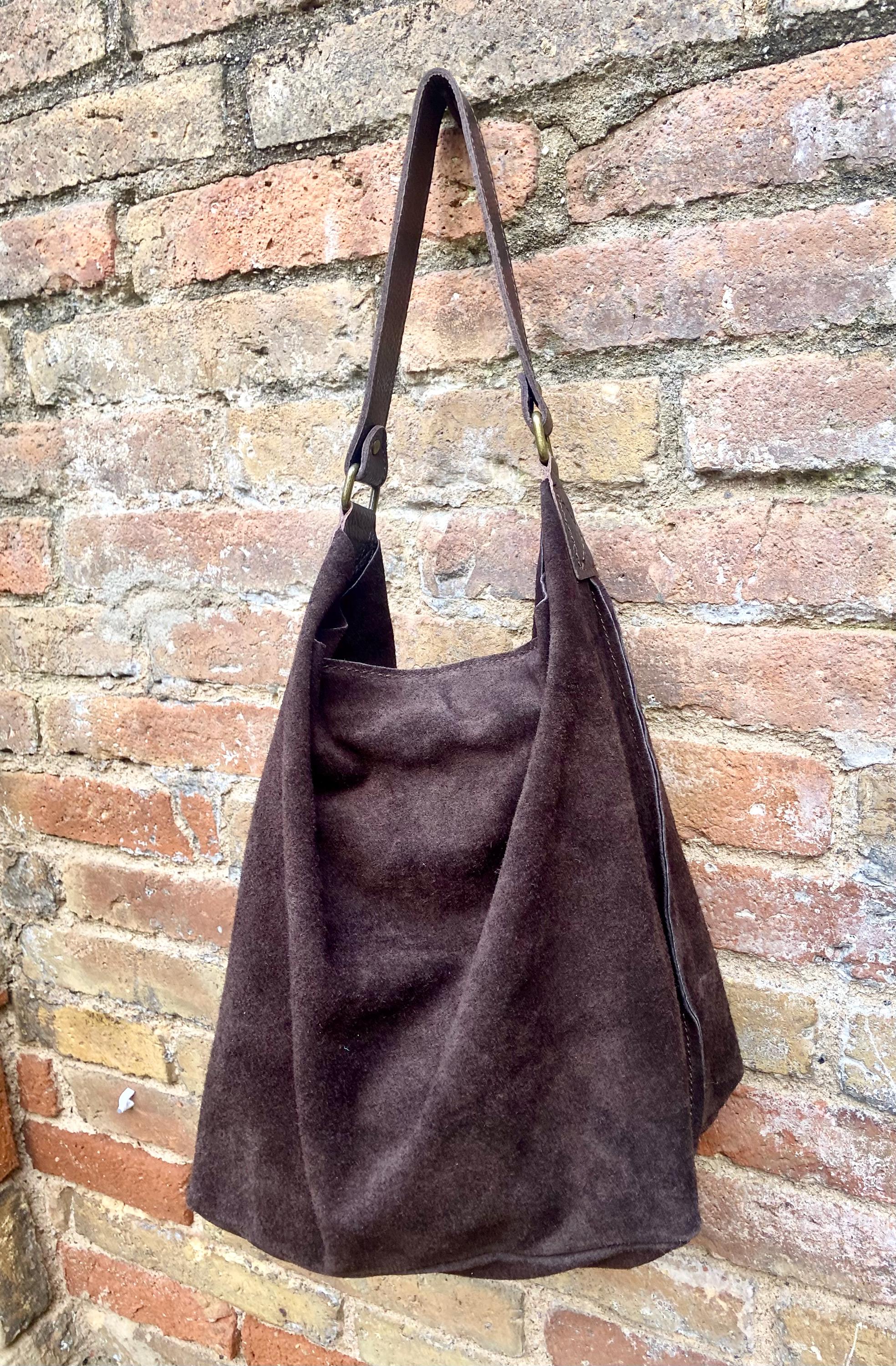 Slouch leather bag in dark brown. Chocolate brown hobo bag. Boho bag.Book or tablet bags in suede. Dark camel brown soft leather shopper