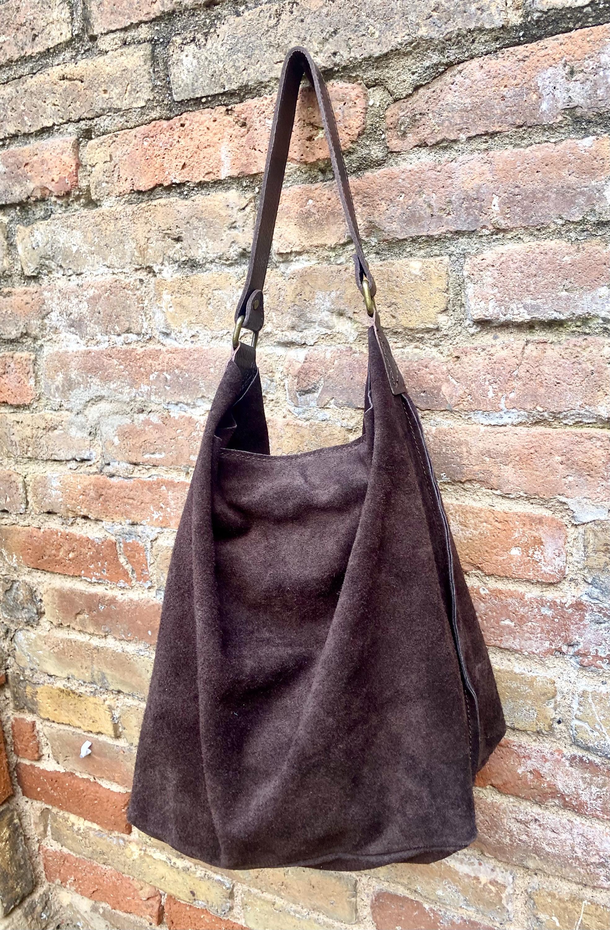 Slouch leather bag in dark brown. Chocolate brown hobo bag. Boho bag.Book or tablet bags in suede. Dark camel brown soft leather shopper