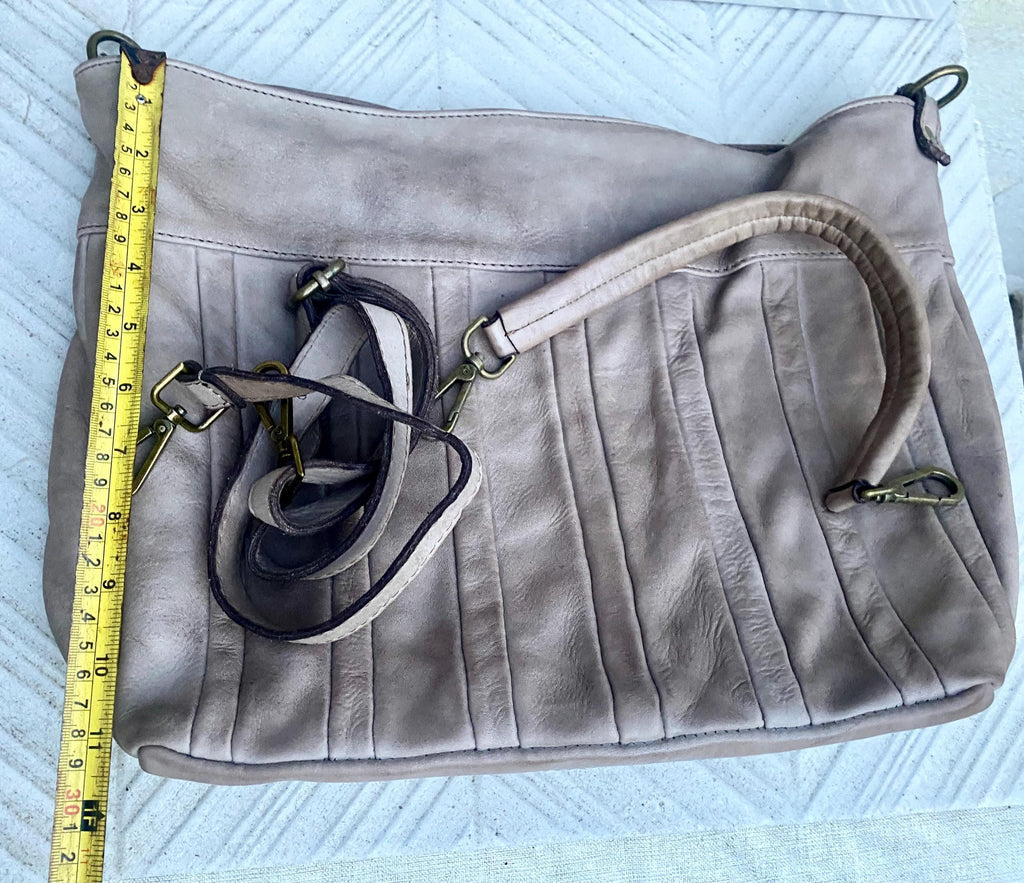 Taupe beige - gray genuine leather shoulder / crossbody bag. Greyge distressed leather shopper, "Washed leather" large bag in light brown