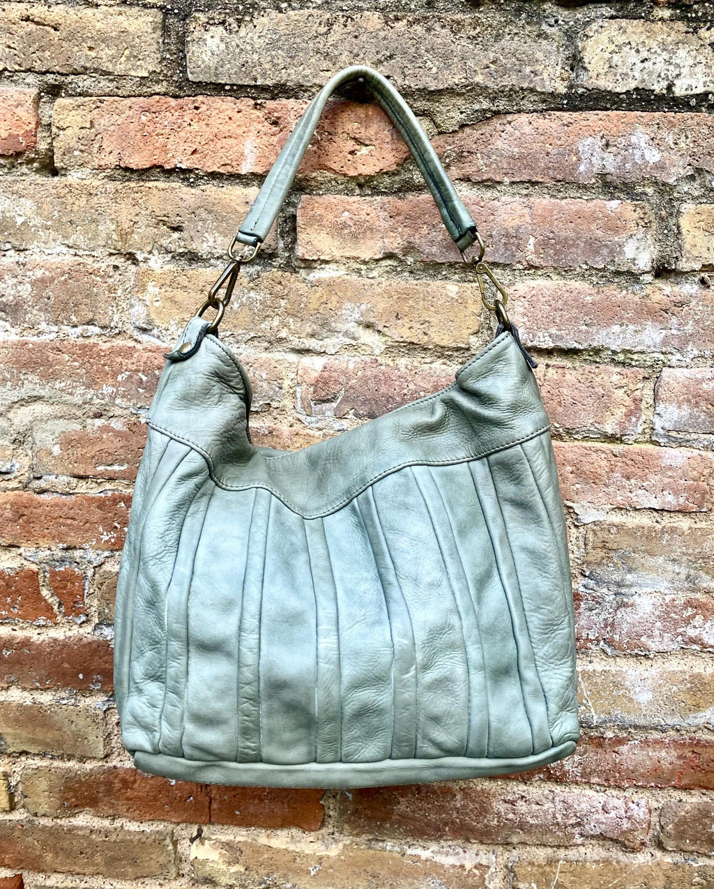 Sage GREEN genuine leather shoulder / crossbody bag. Green distressed leather shopper, "Washed leather" bag for laptops, tablets, books...