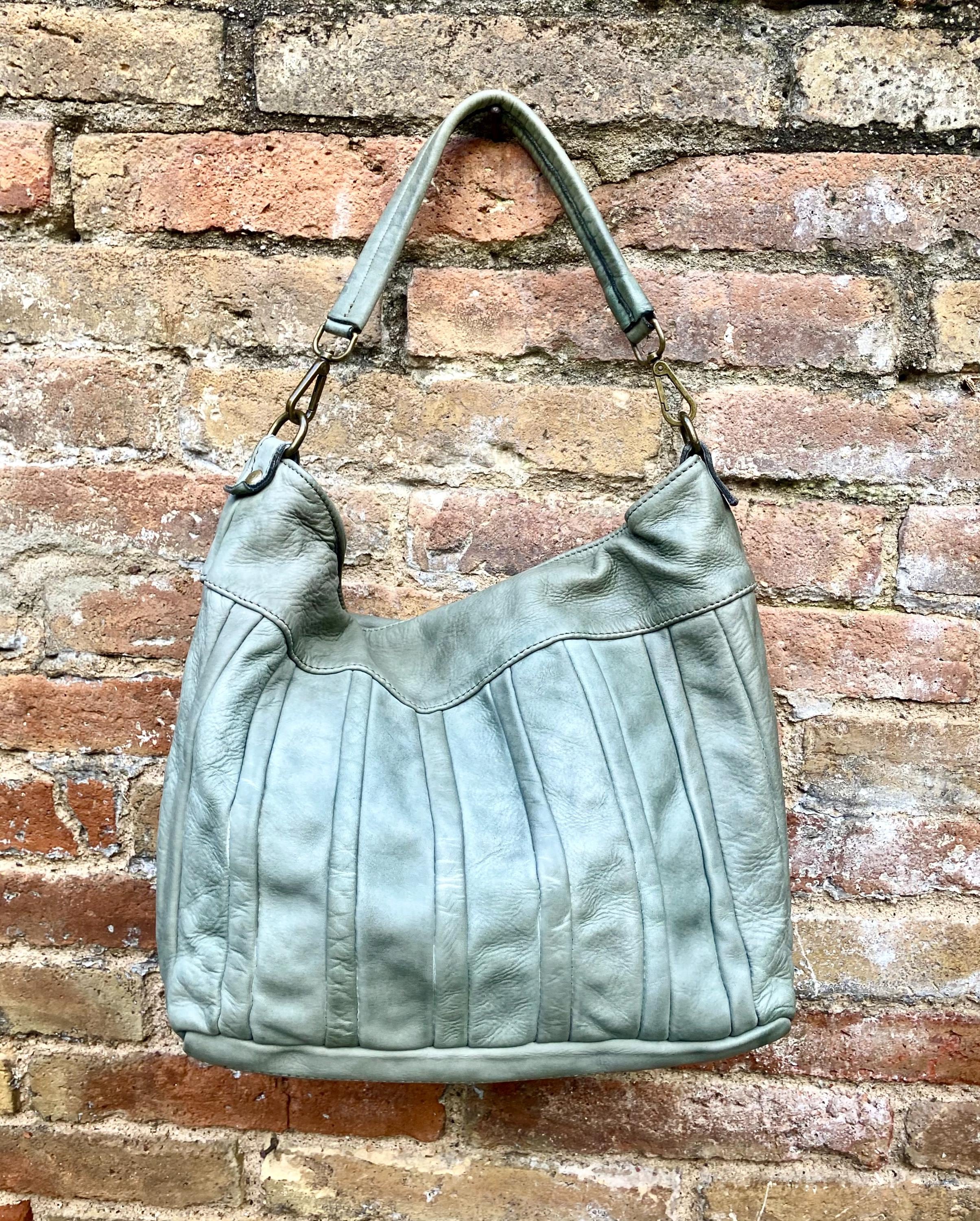Sage GREEN genuine leather shoulder / crossbody bag. Green distressed leather shopper, "Washed leather" bag for laptops, tablets, books...