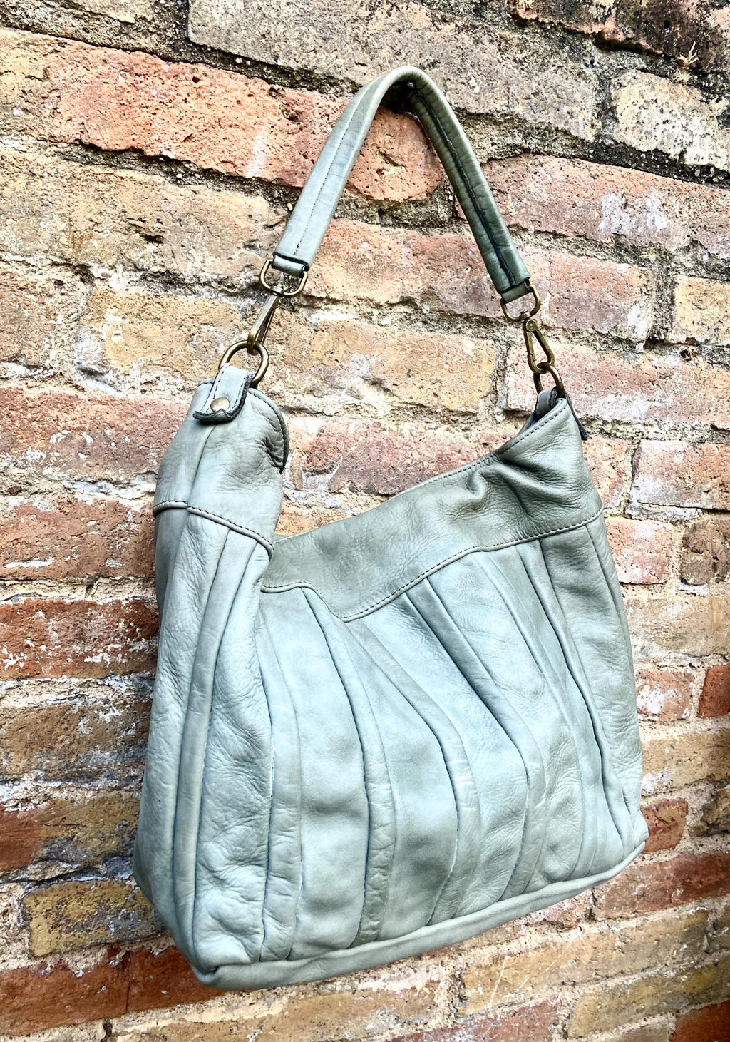 Sage GREEN genuine leather shoulder / crossbody bag. Green distressed leather shopper, "Washed leather" bag for laptops, tablets, books...
