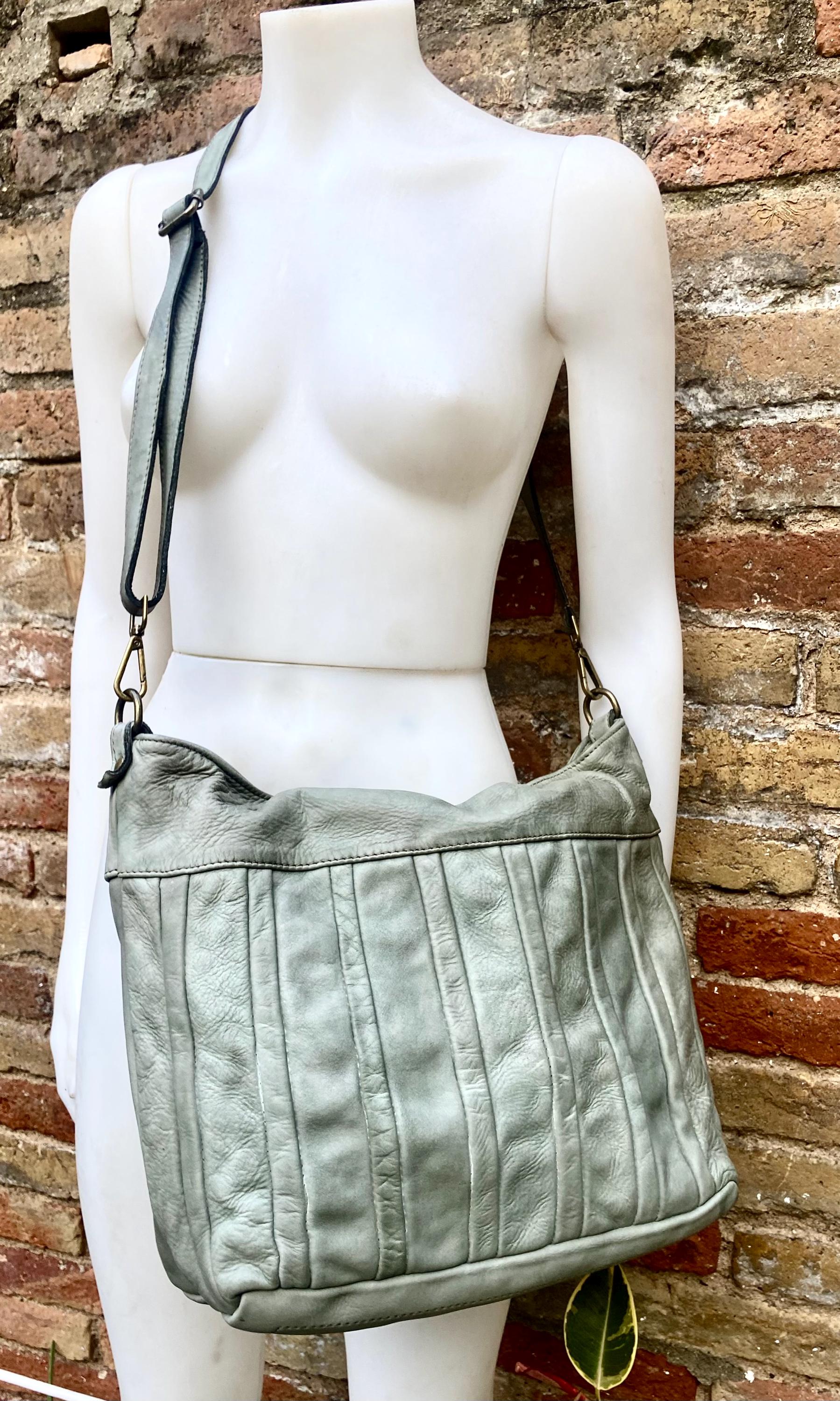 Sage GREEN genuine leather shoulder / crossbody bag. Green distressed leather shopper, "Washed leather" bag for laptops, tablets, books...