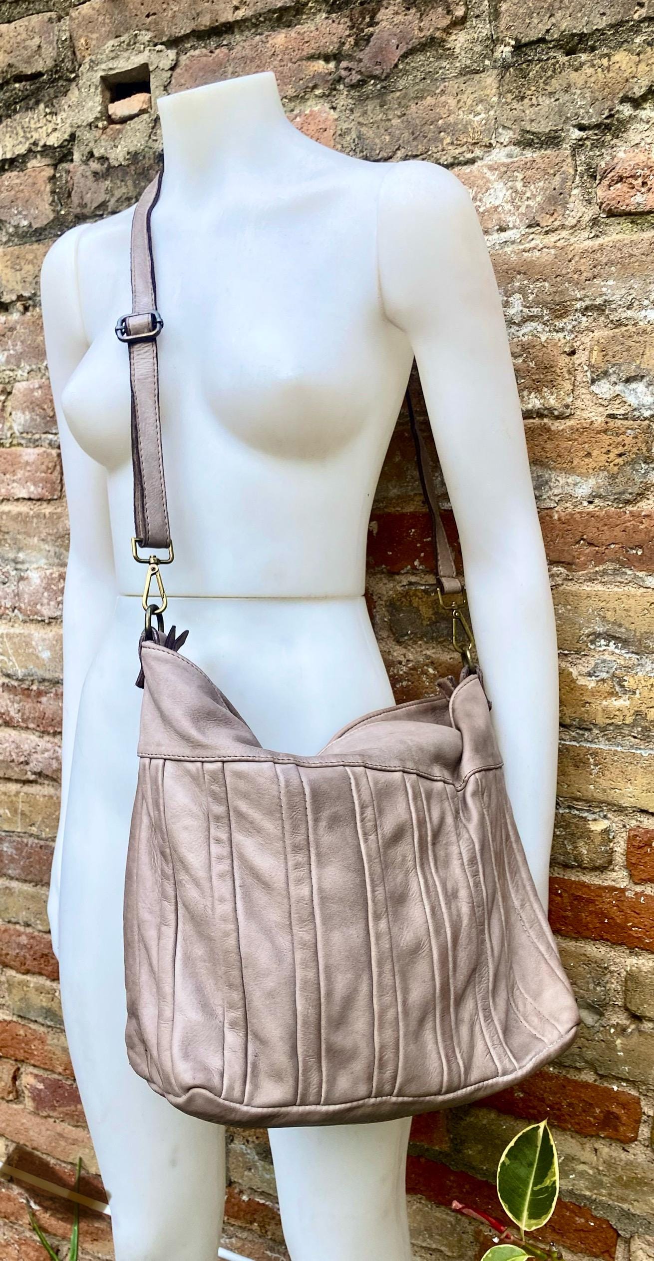 Taupe beige - gray genuine leather shoulder / crossbody bag. Greyge distressed leather shopper, "Washed leather" large bag in light brown