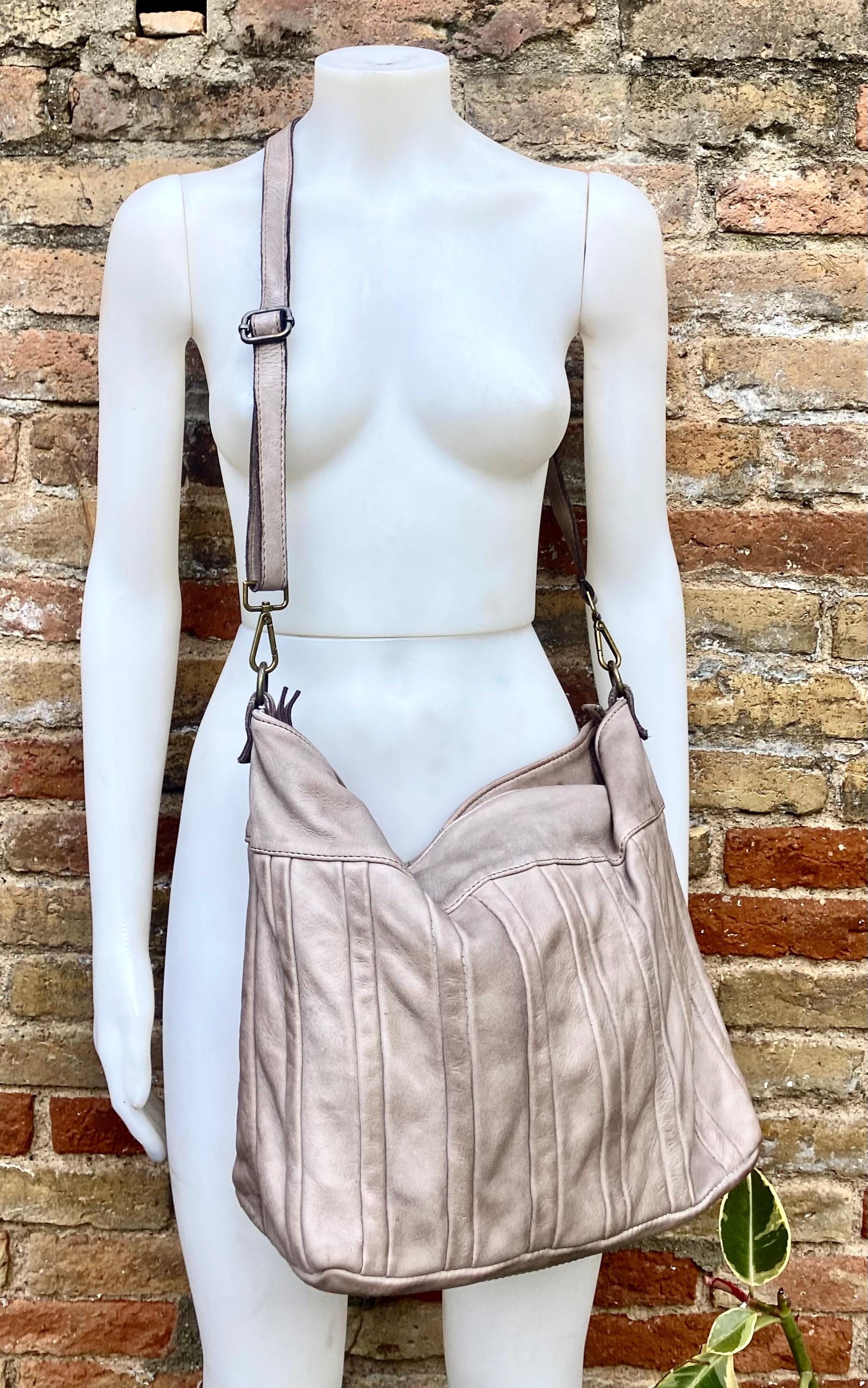 Taupe beige - gray genuine leather shoulder / crossbody bag. Greyge distressed leather shopper, "Washed leather" large bag in light brown