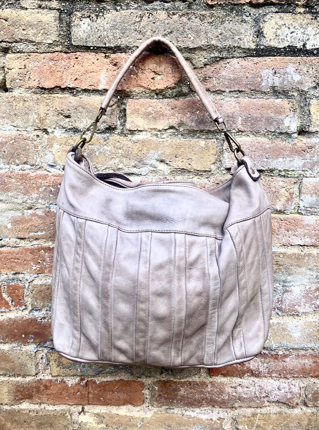 Taupe beige - gray genuine leather shoulder / crossbody bag. Greyge distressed leather shopper, "Washed leather" large bag in light brown
