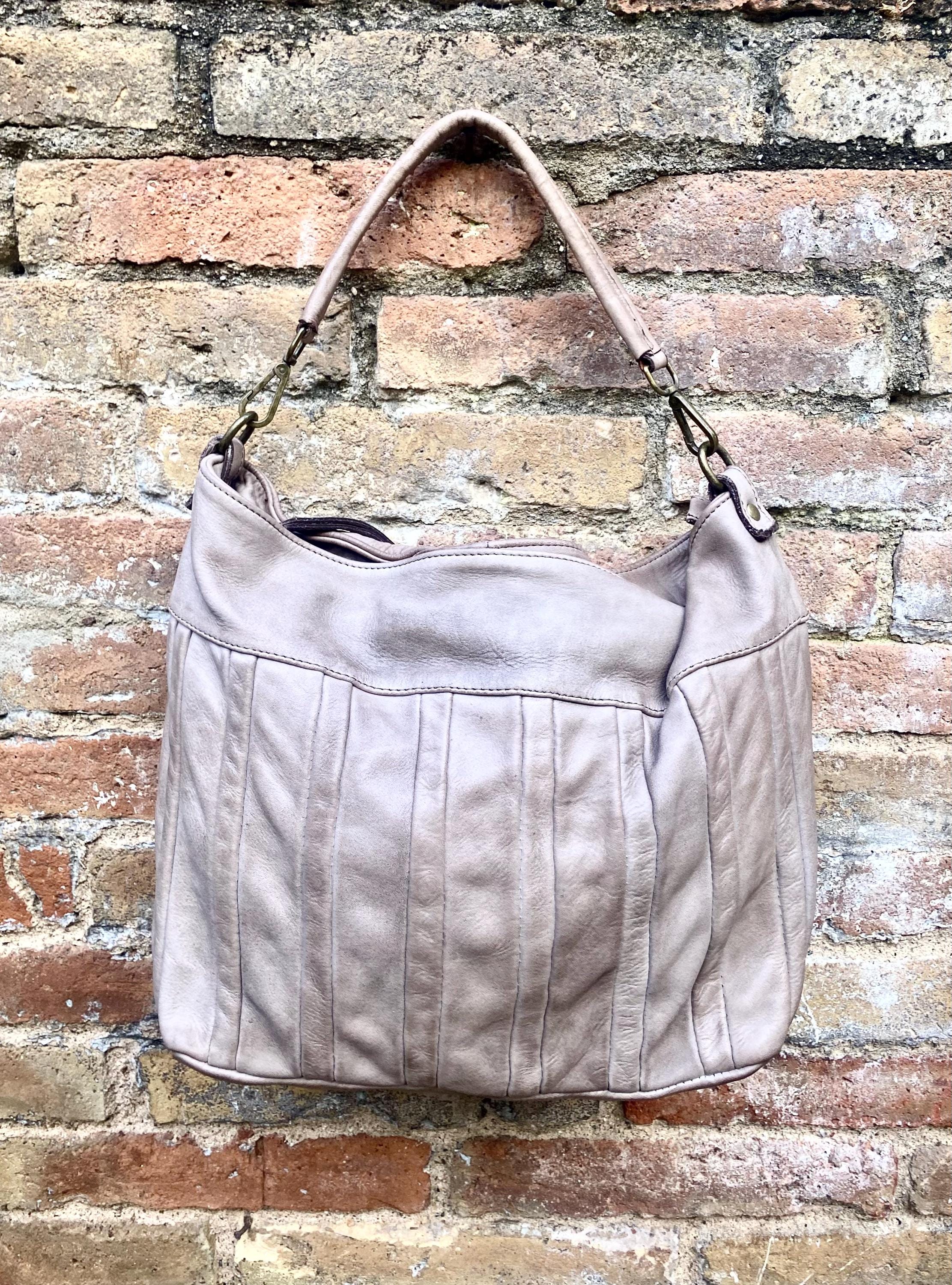 Taupe beige - gray genuine leather shoulder / crossbody bag. Greyge distressed leather shopper, "Washed leather" large bag in light brown