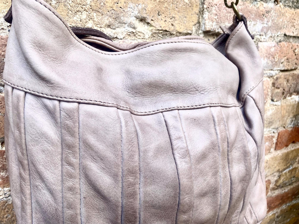 Taupe beige - gray genuine leather shoulder / crossbody bag. Greyge distressed leather shopper, "Washed leather" large bag in light brown