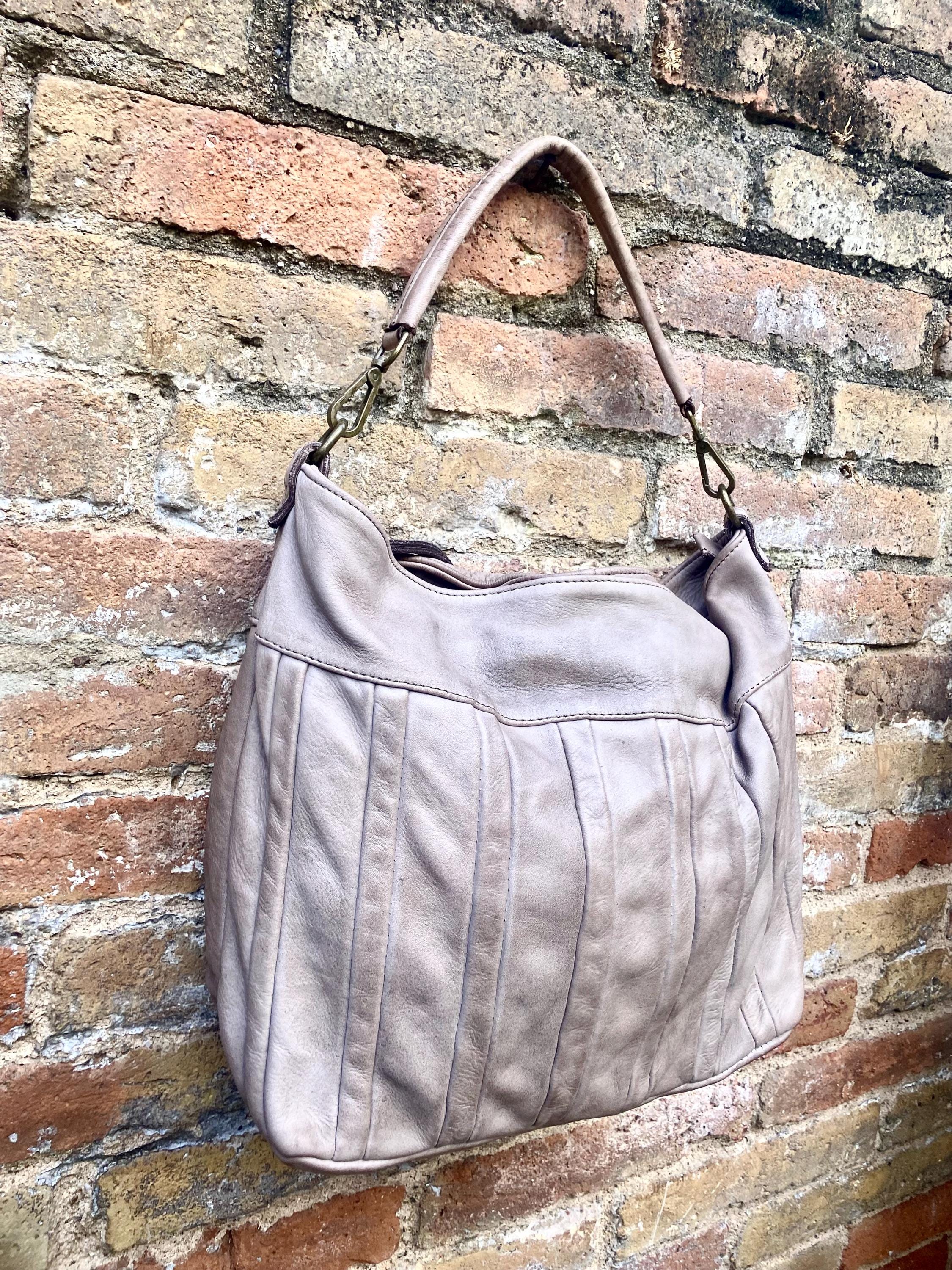 Taupe beige - gray genuine leather shoulder / crossbody bag. Greyge distressed leather shopper, "Washed leather" large bag in light brown