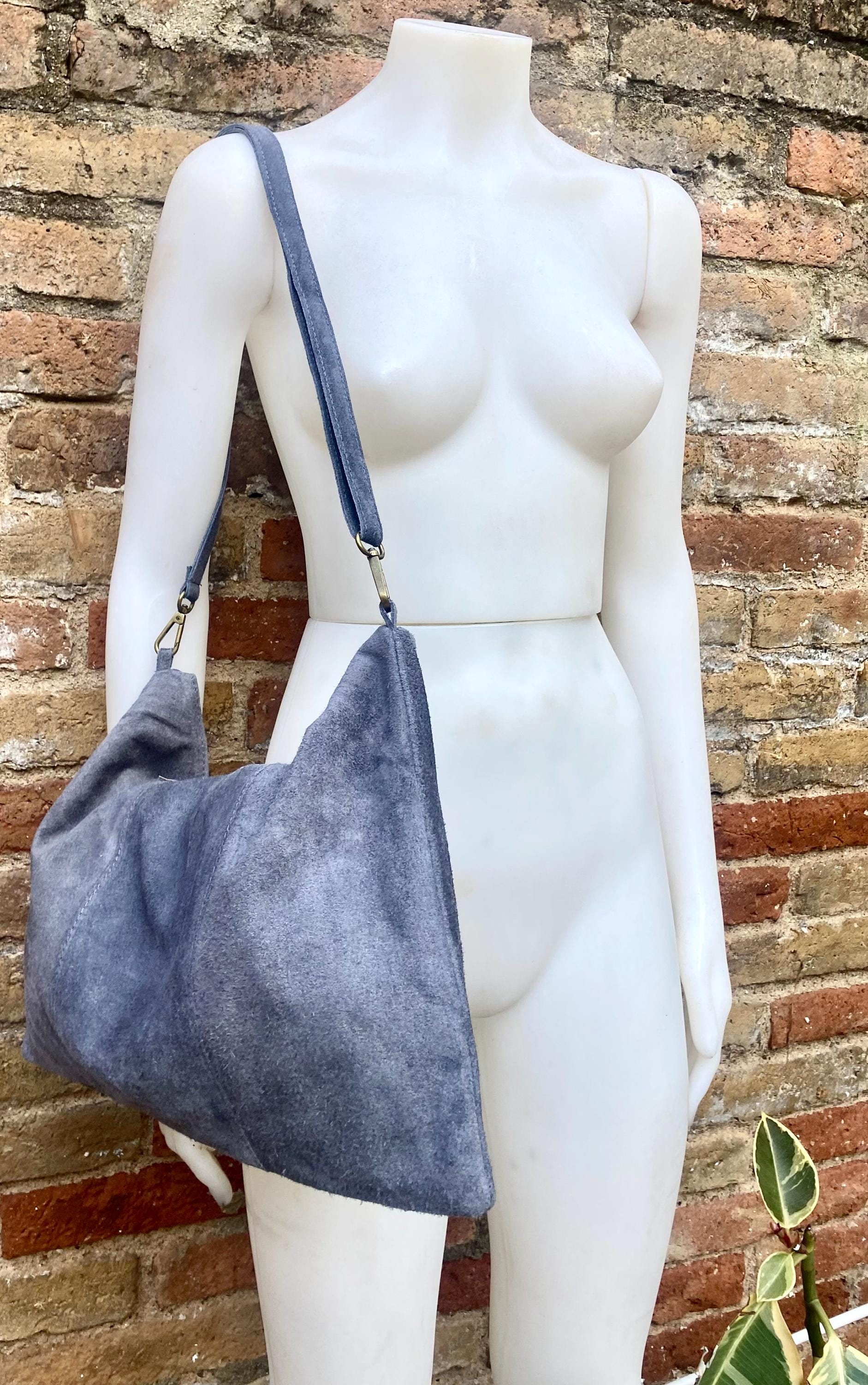 Blue - gray leather tote. Large leather shopper bag in denim blue. Natural suede bag. Grey -blue suede laptop bag. Handbag or shoulder bag
