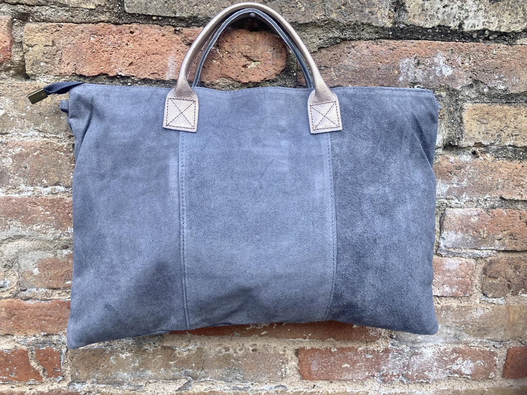 Blue - gray leather tote. Large leather shopper bag in denim blue. Natural suede bag. Grey -blue suede laptop bag. Handbag or shoulder bag