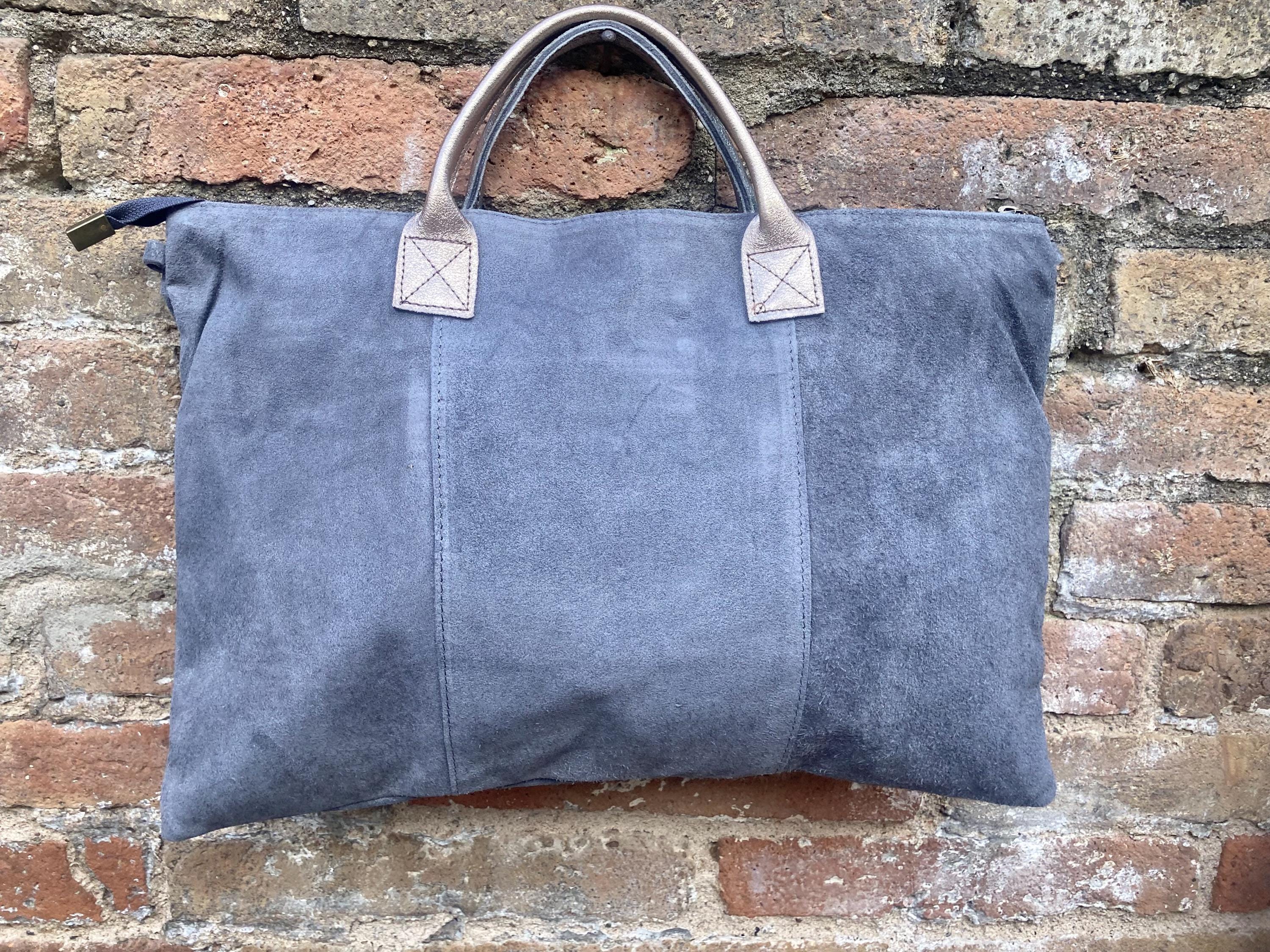 Blue - gray leather tote. Large leather shopper bag in denim blue. Natural suede bag. Grey -blue suede laptop bag. Handbag or shoulder bag