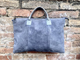 Blue - gray leather tote. Large leather shopper bag in denim blue. Natural suede bag. Grey -blue suede laptop bag. Handbag or shoulder bag