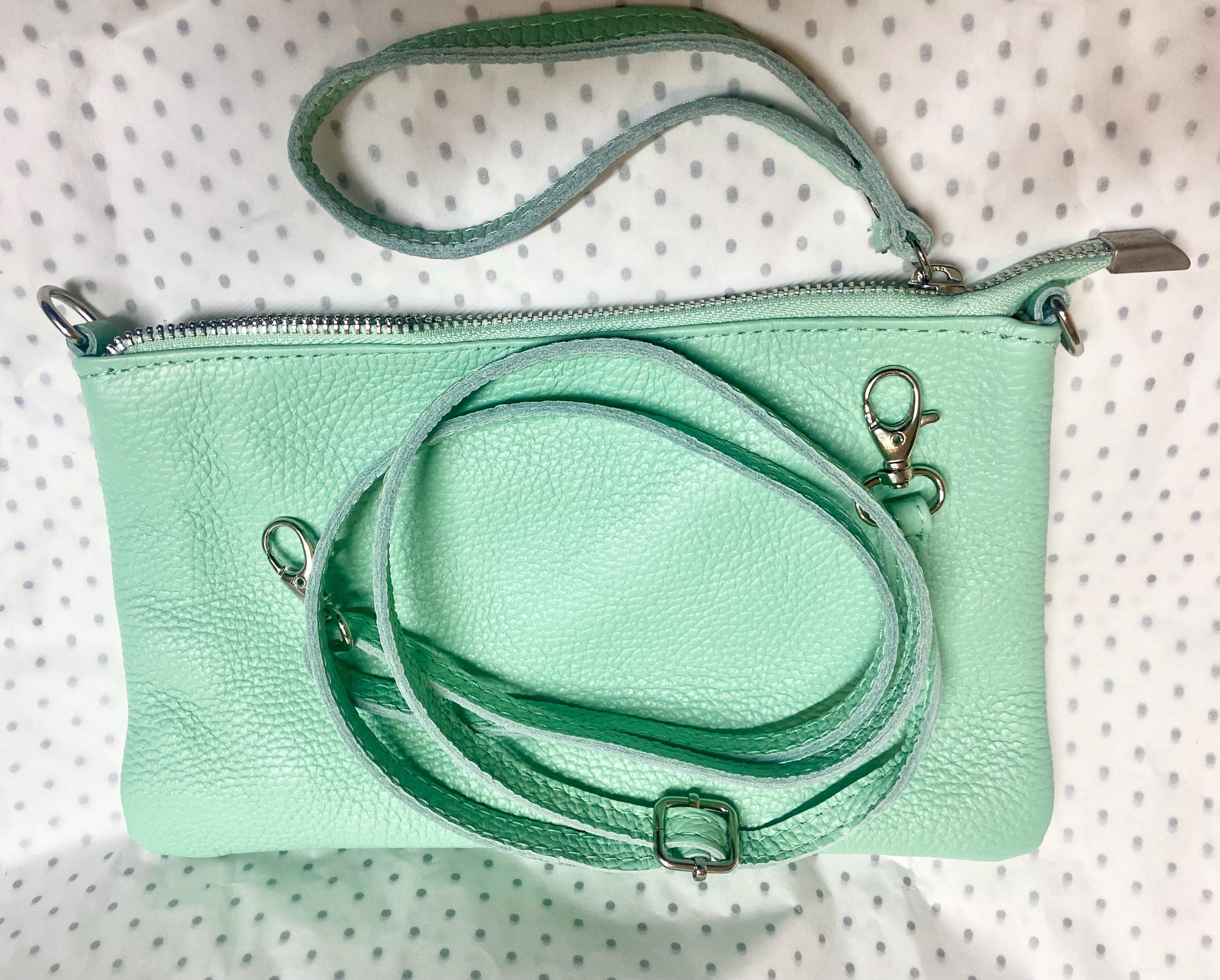 Small aqua green leather bag. GENUINE leather mint crossbody / shoulder bag . Light turquoise green leather purse with adjustable strap.