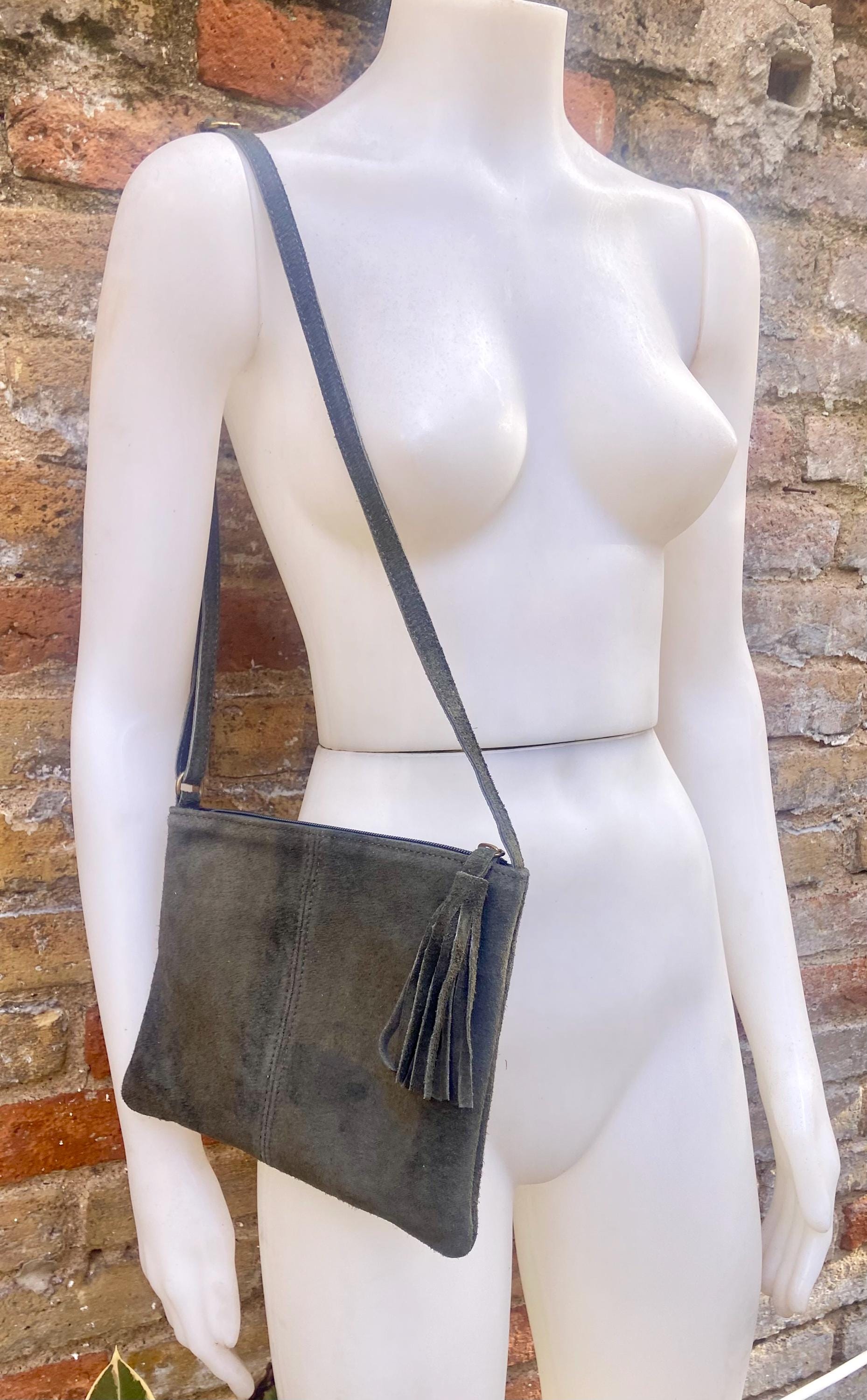 Dark khaki GREEN suede leather bag. Small crossbody /shoulder bag. GENUINE leather. Dark green suede purse with tassel.
