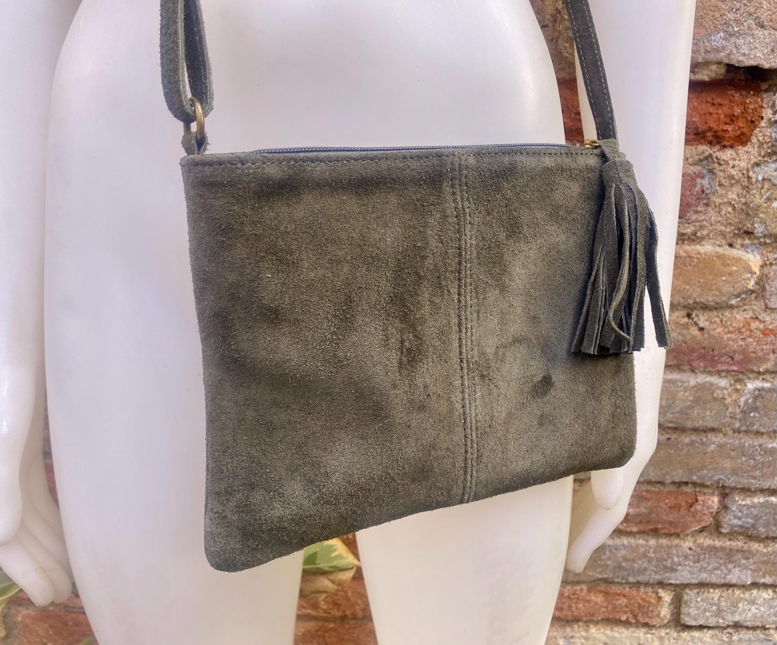 Dark khaki GREEN suede leather bag. Small crossbody /shoulder bag. GENUINE leather. Dark green suede purse with tassel.