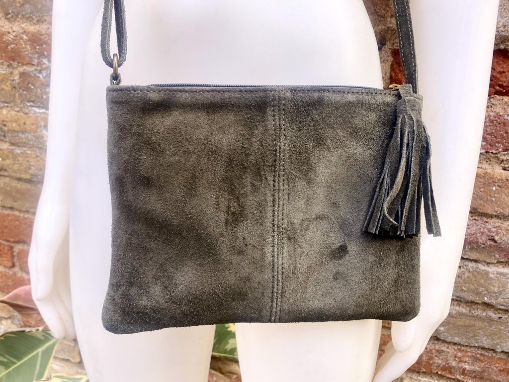Dark khaki GREEN suede leather bag. Small crossbody /shoulder bag. GENUINE leather. Dark green suede purse with tassel.