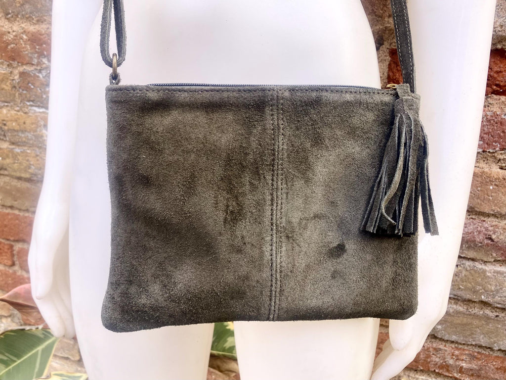 Dark khaki GREEN suede leather bag. Small crossbody /shoulder bag. GENUINE leather. Dark green suede purse with tassel.