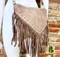 Taupe brown suede crossbody bag with tacks and fringes. Light brown suede hippy purse. Genuine suede leather boho bag in light greyge brown