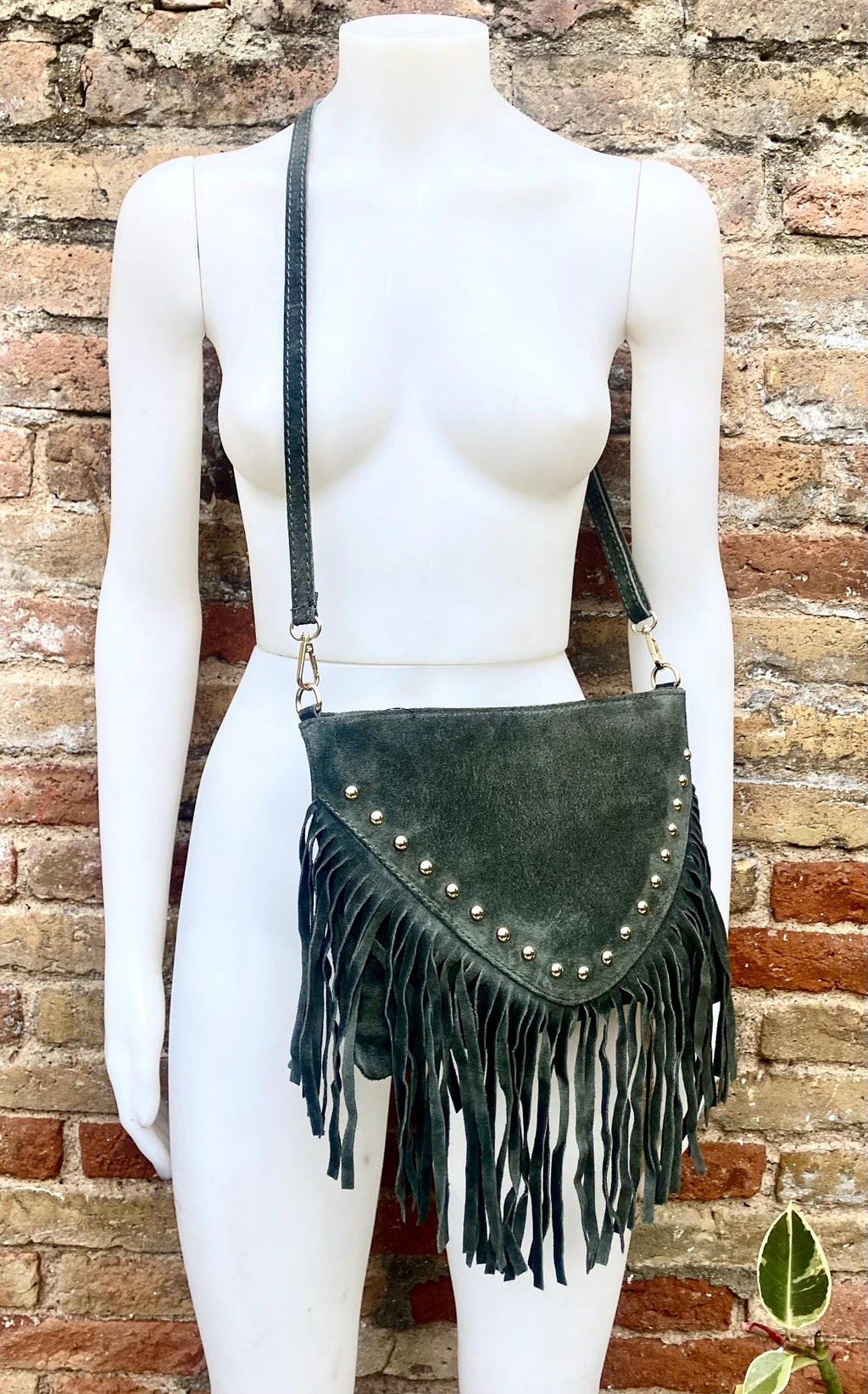 Dark green suede crossbody bag with tacks and fringes. Green suede hippy purse. Genuine suede leather boho bag in dark green