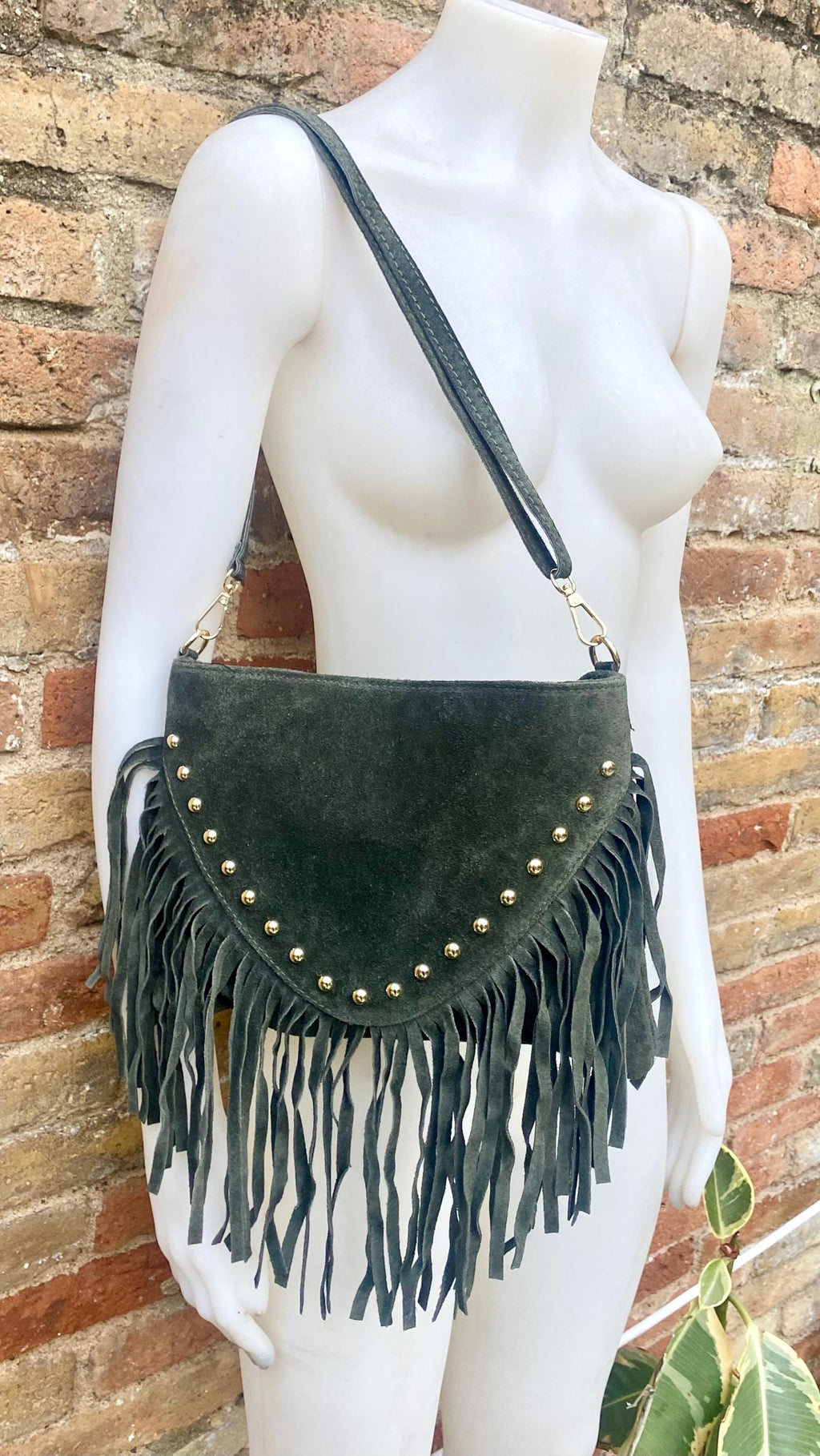 Dark green suede crossbody bag with tacks and fringes. Green suede hippy purse. Genuine suede leather boho bag in dark green