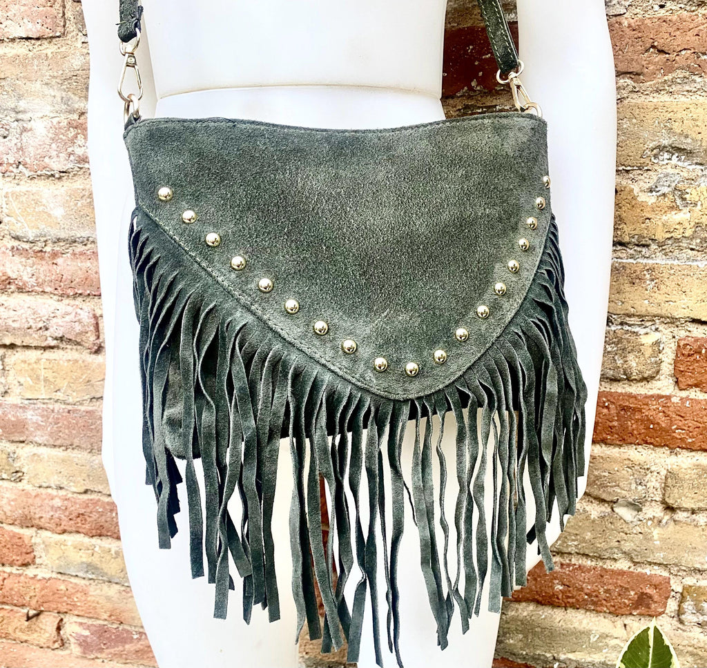 Dark green suede crossbody bag with tacks and fringes. Green suede hippy purse. Genuine suede leather boho bag in dark green