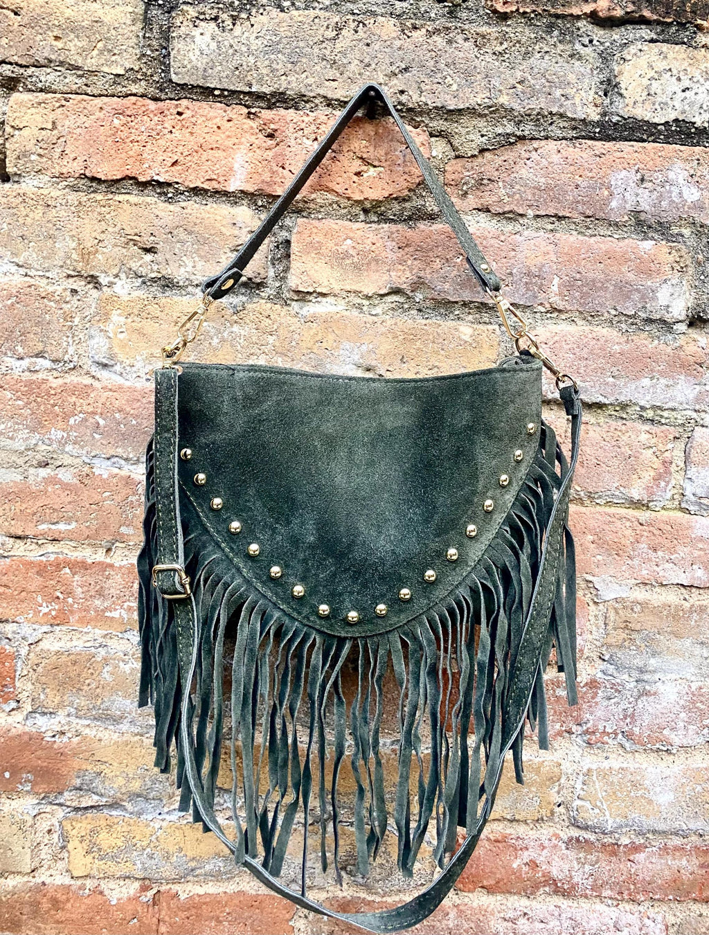 Dark green suede crossbody bag with tacks and fringes. Green suede hippy purse. Genuine suede leather boho bag in dark green